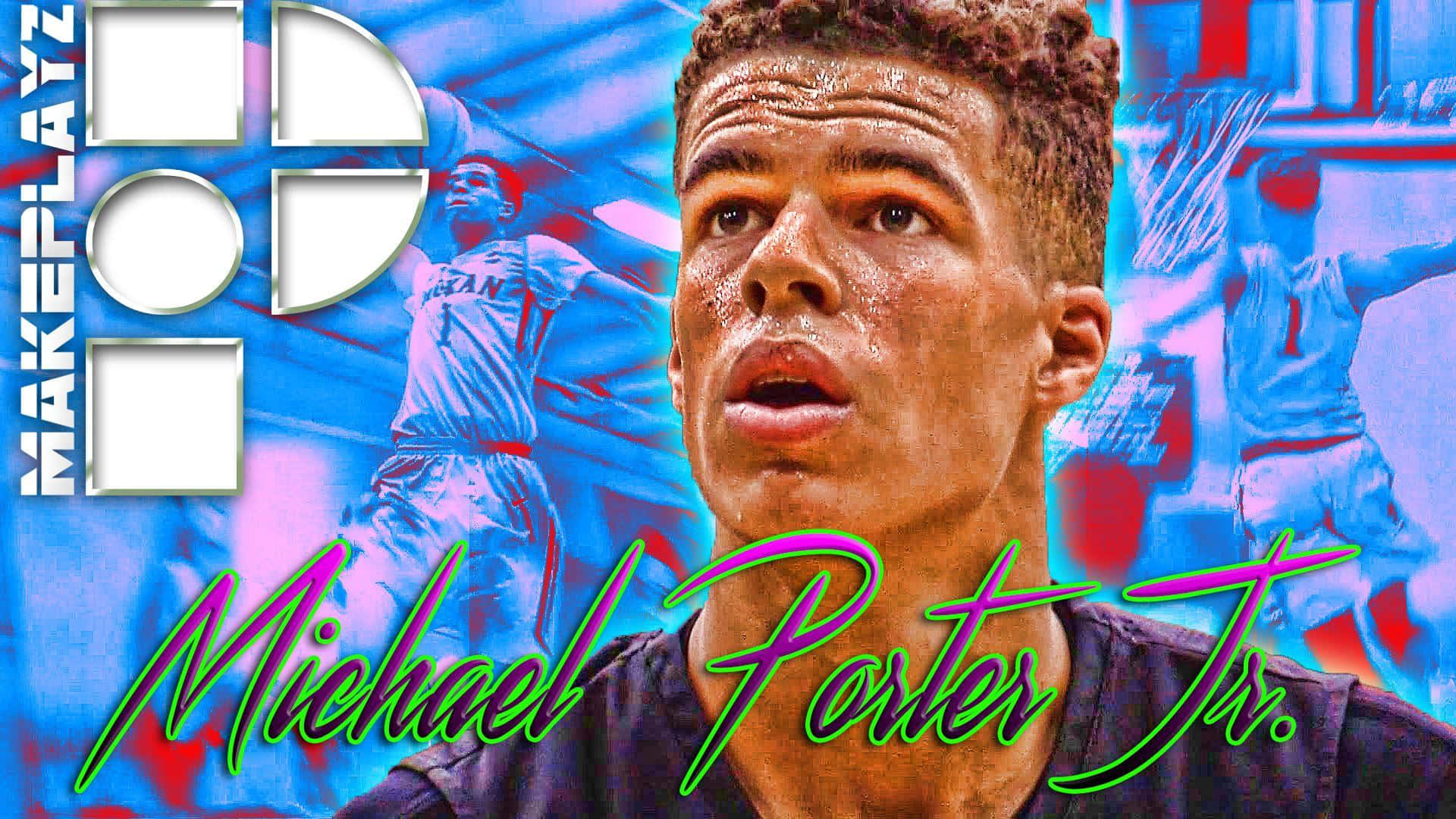 籃球運動員 Michael Porter Jr. 的肖像，帶有霓虹文字和動作背景。 — Michael B Jordan 壁紙