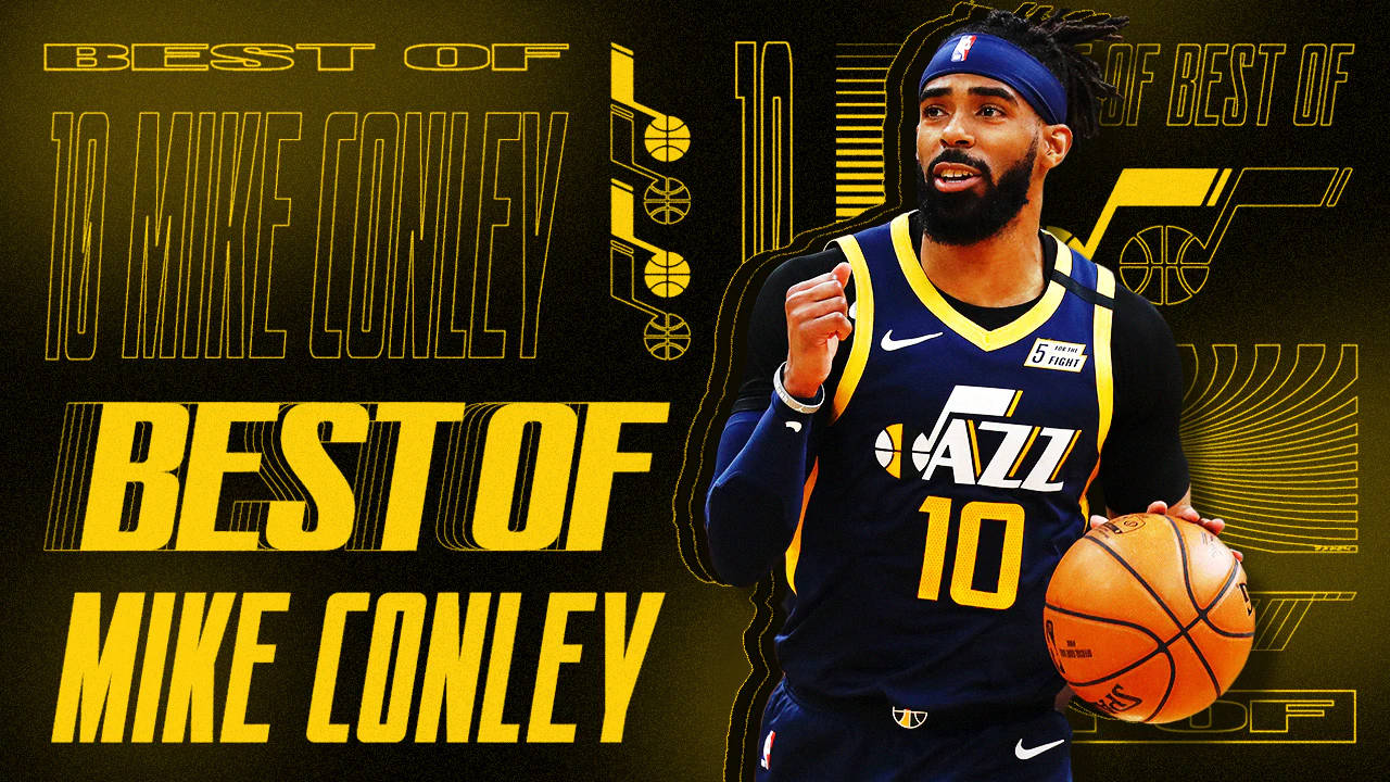 mike conley 桌布 壁紙 — 籃球運動員 Mike Conley 身穿爵士隊球衣，在搶眼的黃色和黑色圖形背景前持球。