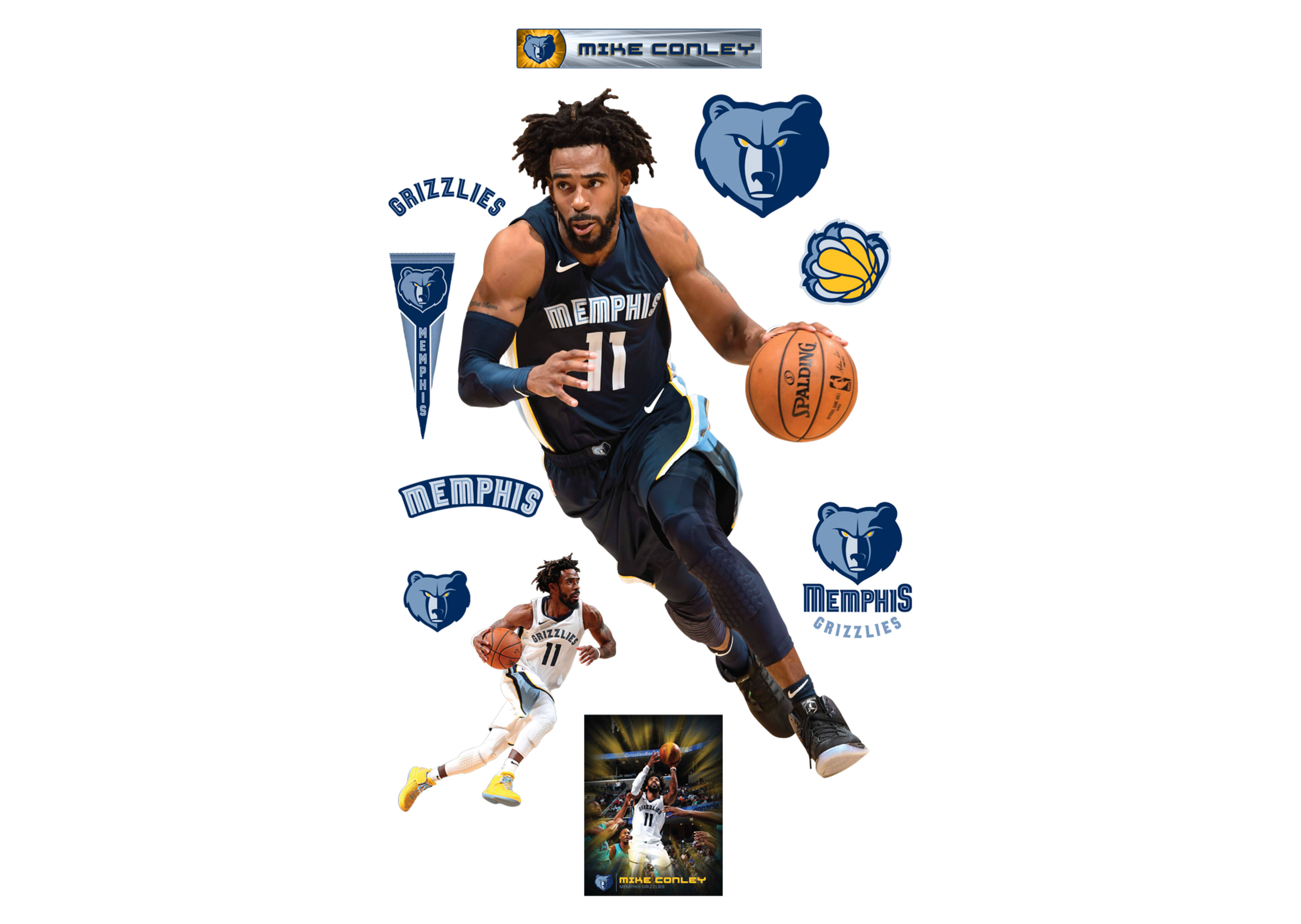 mike conley 桌布 壁紙 — 籃球運動員 Mike Conley 身穿曼菲斯灰熊隊球衣，在球隊標誌和動作鏡頭環繞下運球。