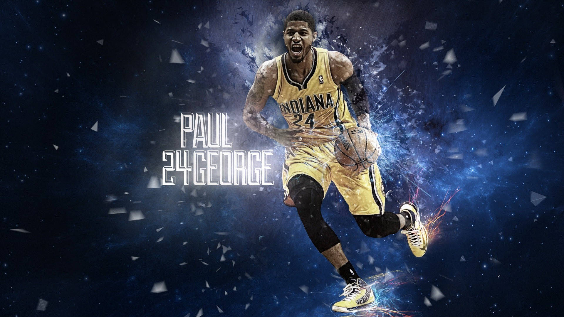 George 桌布 壁紙 — 籃球運動員 Paul George 身穿黃色印第安納球衣，在帶有發光粒子的宇宙藍色背景上動態跳躍。