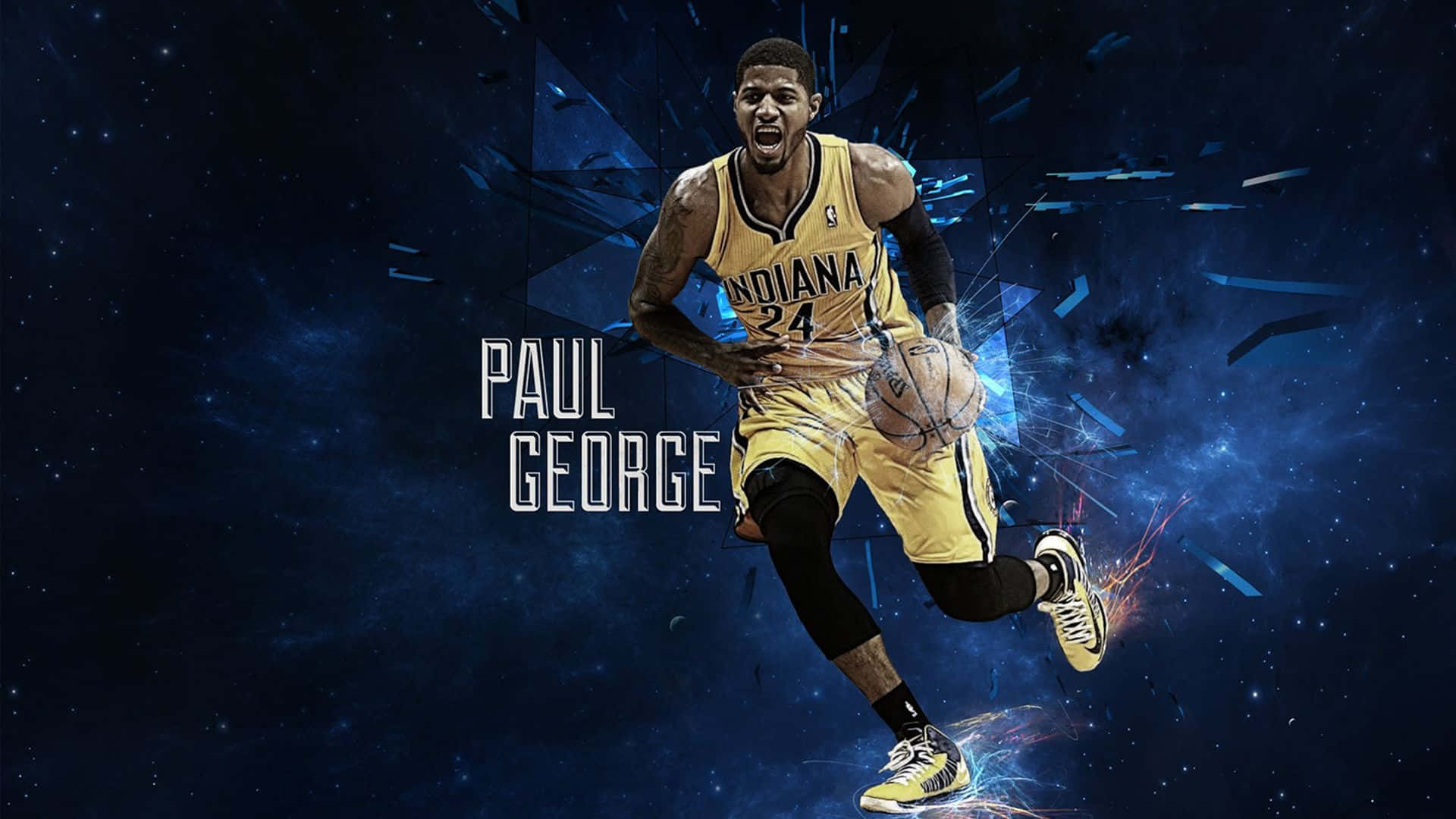 1080p Basketball 桌布 壁紙 — 籃球運動員 Paul George 身穿黃色印第安納球衣運球，身後有宇宙藍色能量爆發。