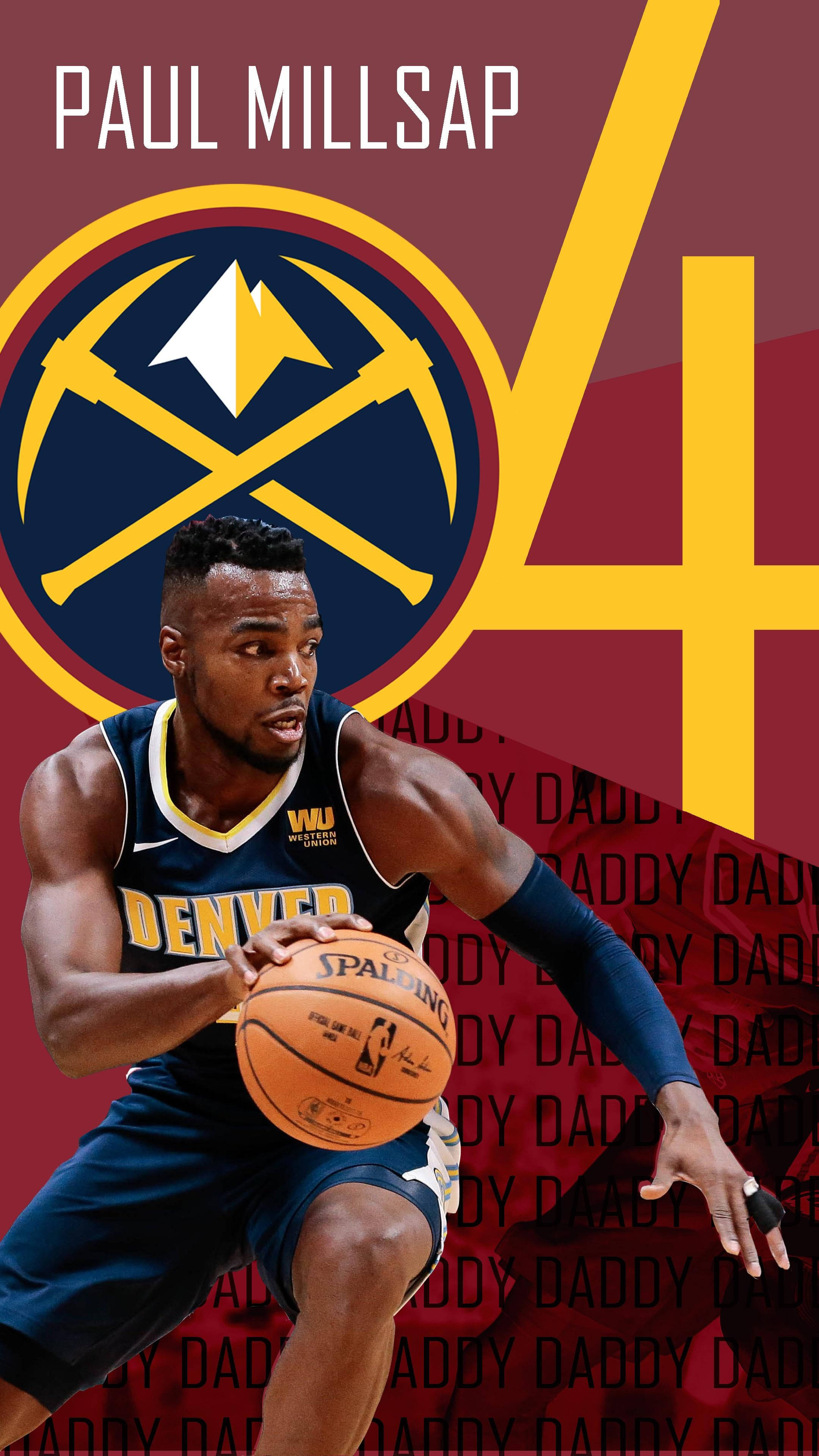 paul millsap 桌布 壁紙 — 籃球運動員 Paul Millsap 身穿丹佛金塊隊球衣，在搶眼的栗色和金色背景前運球，球上印有他的 4 號號碼。