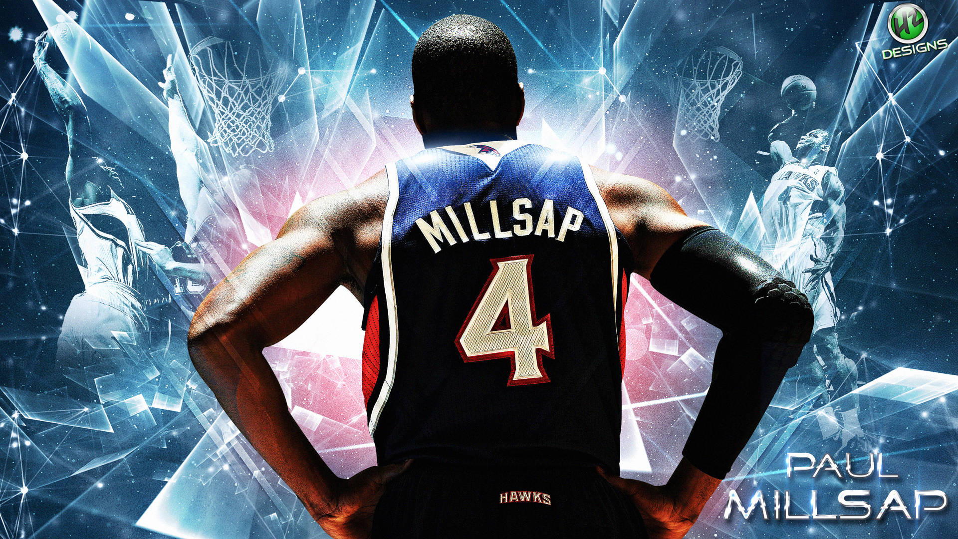 籃球運動員 Paul Millsap 身穿老鷹隊 4 號球衣，帶有發光籃框和數位效果。 — Michael B Jordan 壁紙