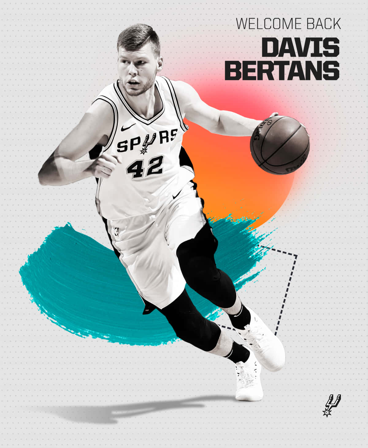 NBA標誌 桌布 壁紙 — 籃球運動員Davis Bertans身穿Spurs球衣，在風格化的橙色和青綠色背景上以動態動作運球。