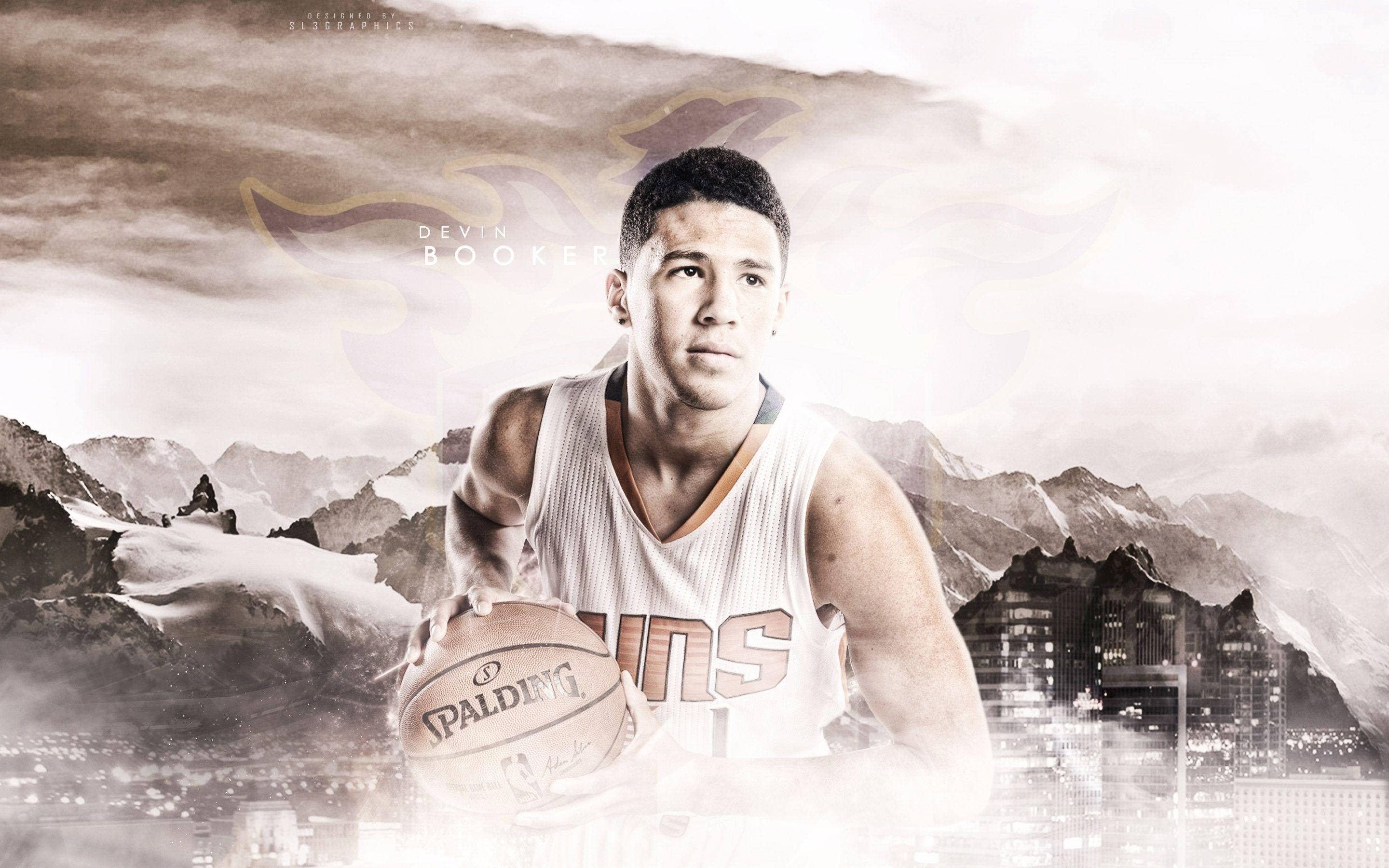 Devin Booker 桌布 壁紙 — 籃球運動員Devin Booker在雪山和發光城市景觀的超現實背景下拿著Spalding球。