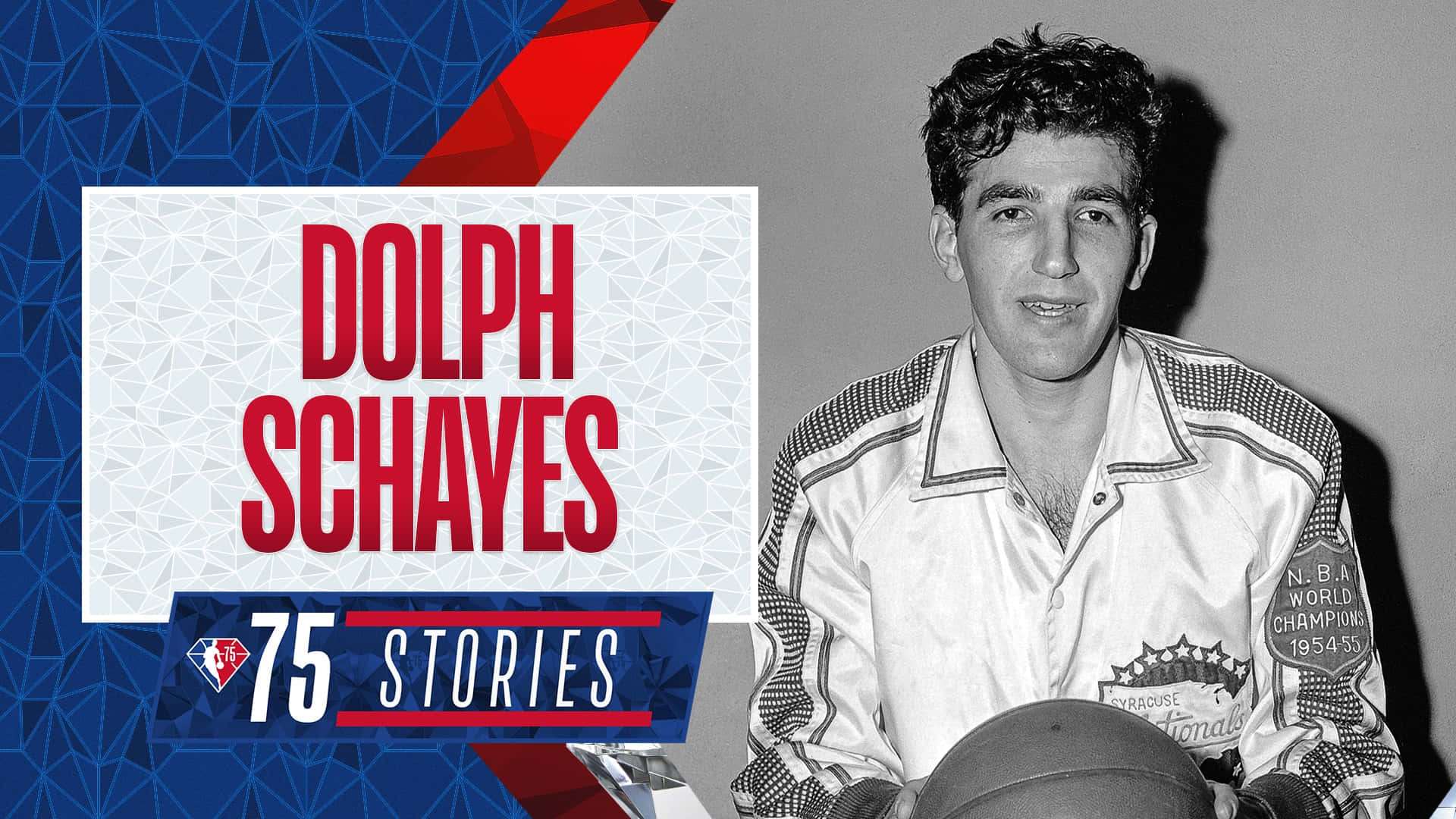 Dolph Schayes身穿復古NBA冠軍球衣手持籃球，帶有粗體文字覆蓋。 — NBA 壁紙