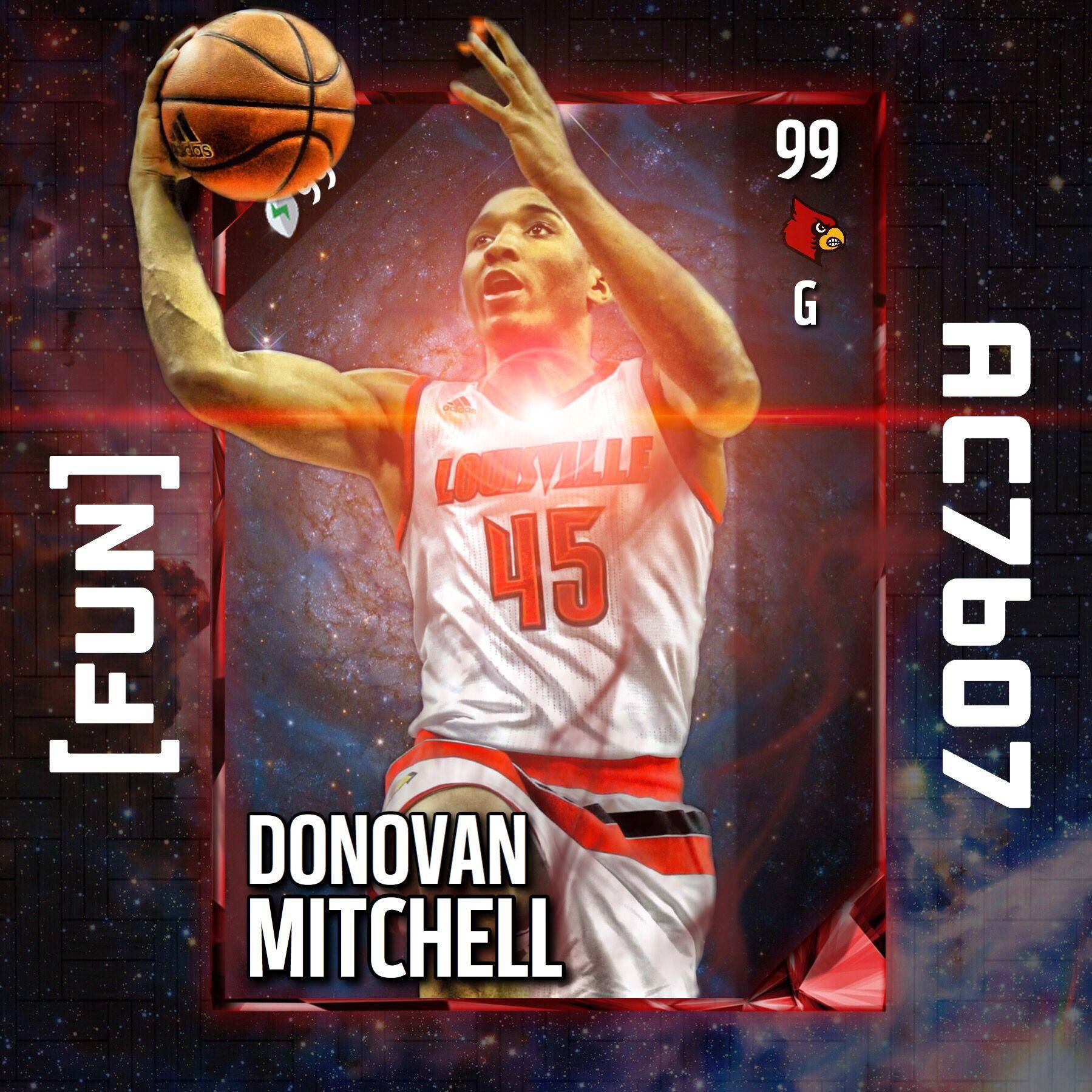 Mitchell 桌布 壁紙 — 籃球運動員Donovan Mitchell身穿路易斯維爾球衣，在帶有發光紅色點綴的宇宙星空背景下投籃。