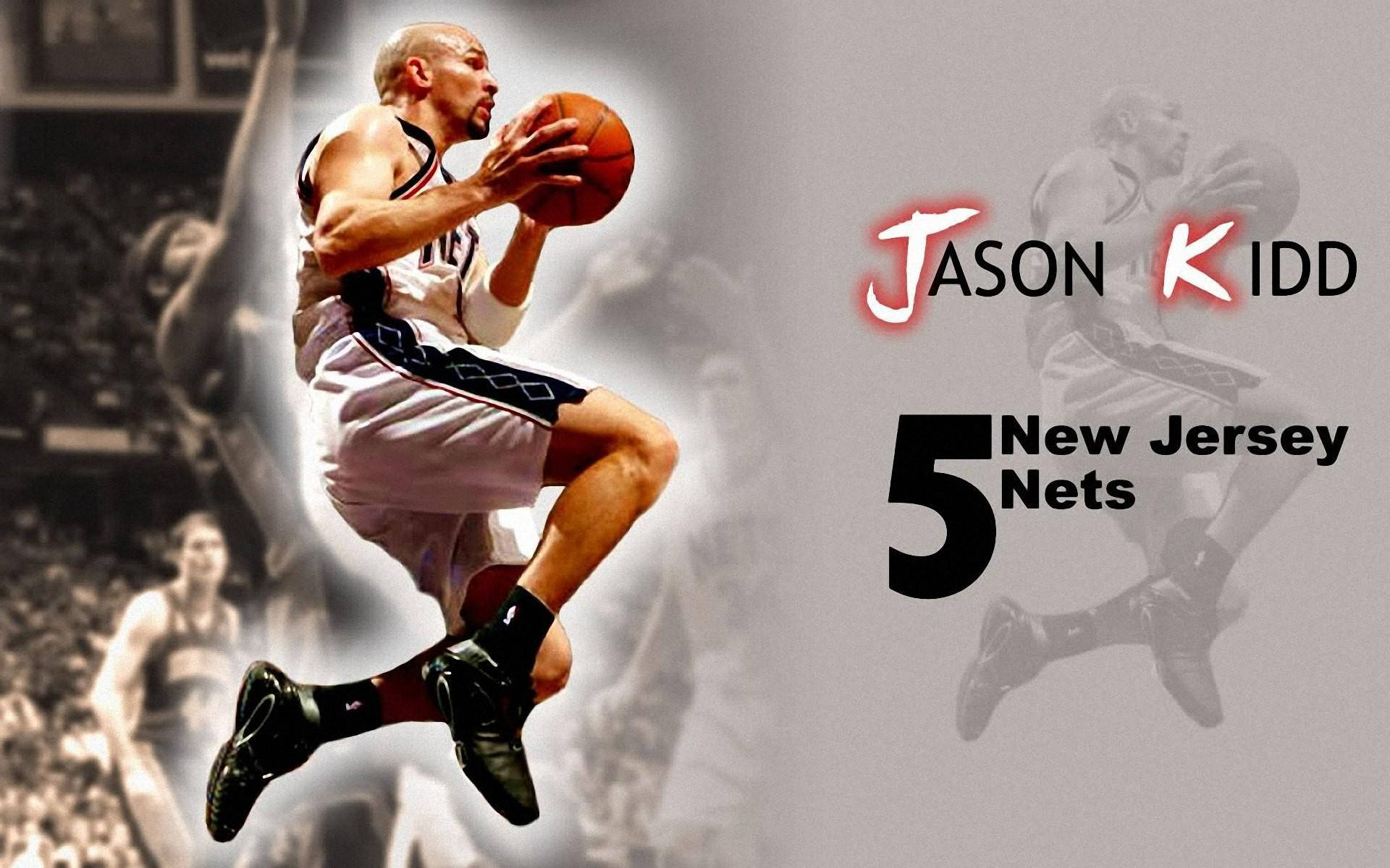 籃球 桌布 壁紙 — 籃球運動員Jason Kidd在空中灌籃，身穿紐澤西籃網隊5號球衣。