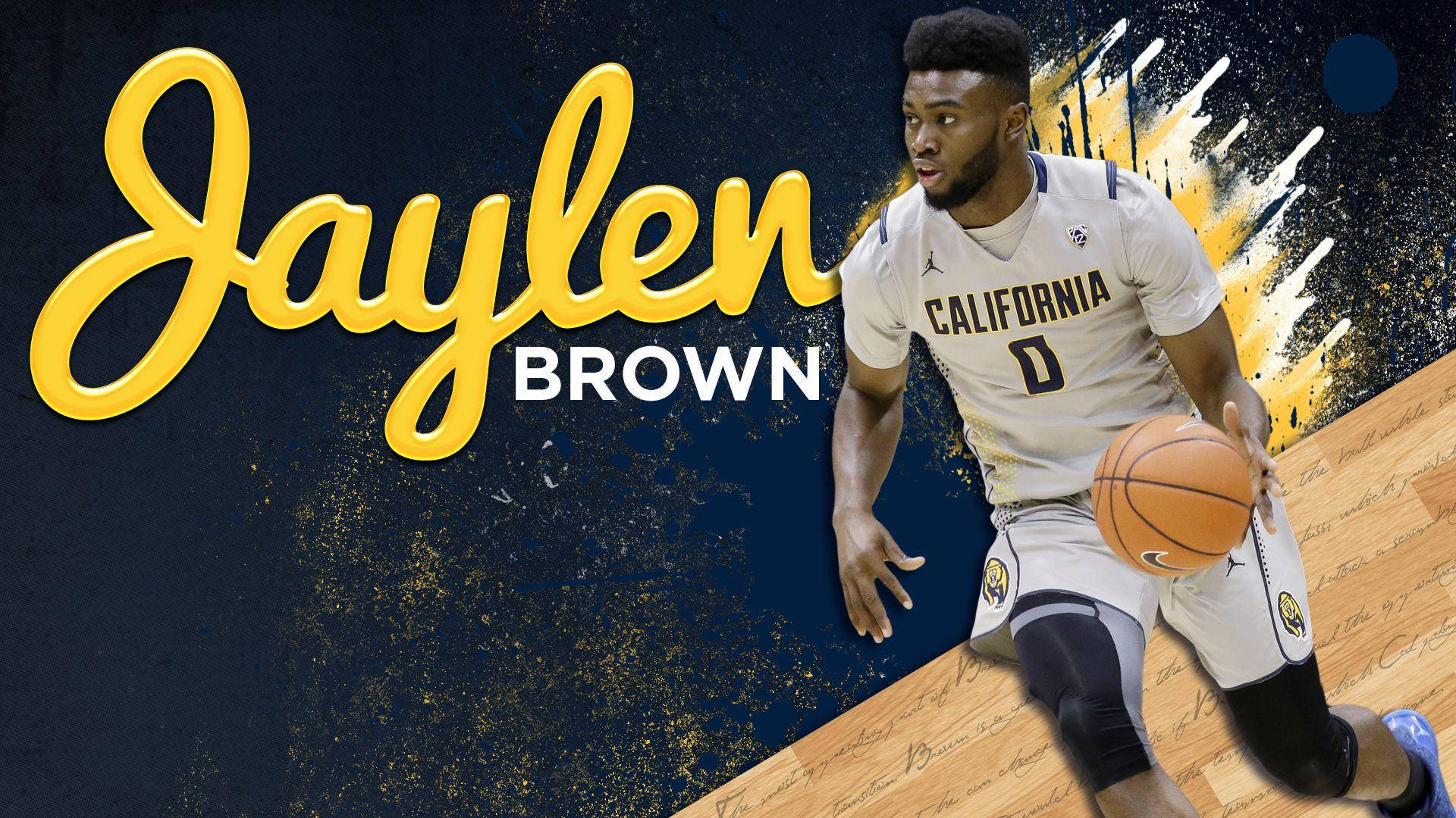 杰倫·布朗 桌布 壁紙 — 籃球運動員Jaylen Brown身穿白色加州球衣在木地板上運球，背景為深藍色金色潑濺。
