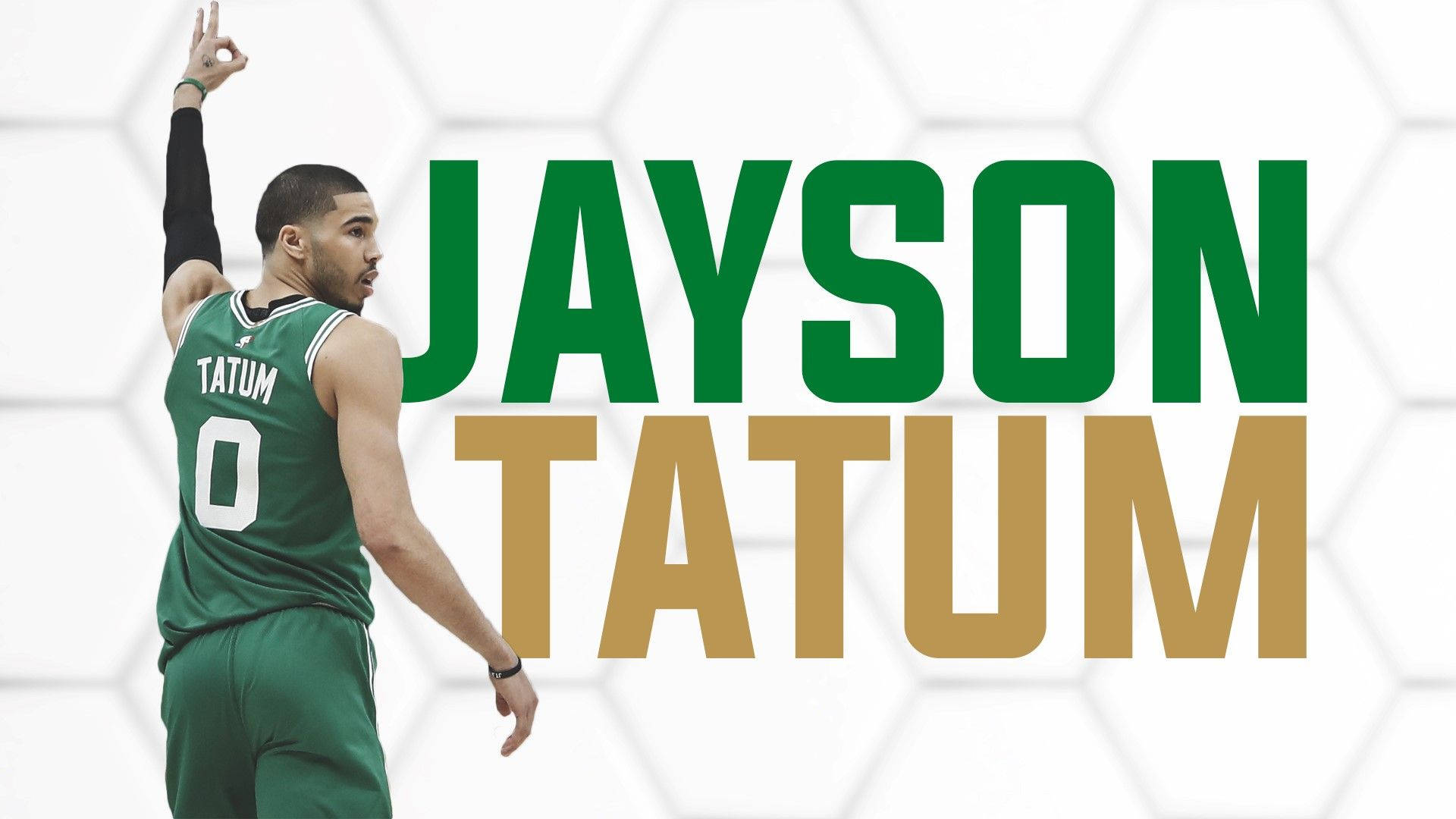 Jayson 桌布 壁紙 — 籃球運動員Jayson Tatum身穿綠色球衣，在六邊形背景上以勝利姿勢舉手，背景有粗體綠色和金色文字。