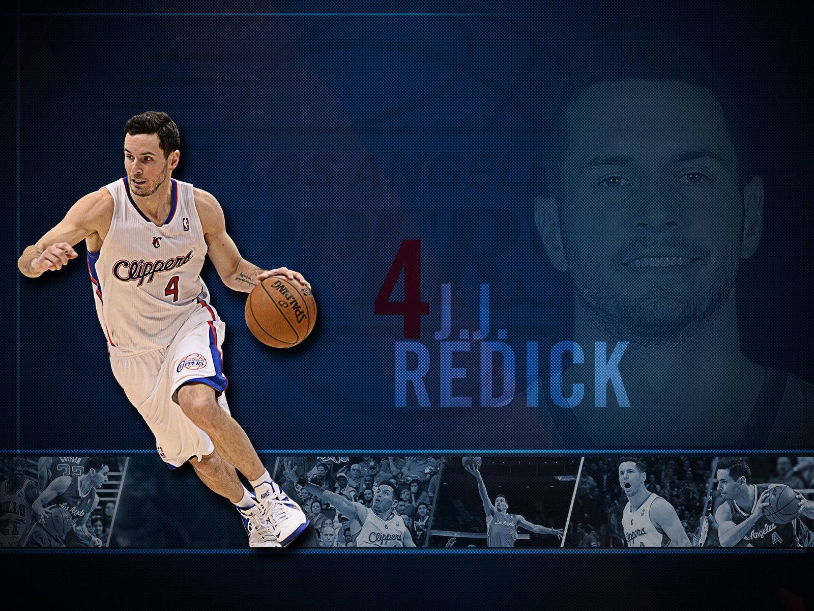 Jj Redick 桌布 壁紙 — 籃球運動員JJ Redick身穿快艇隊球衣，在深藍色背景前運球，並附有他的名字和動作鏡頭。