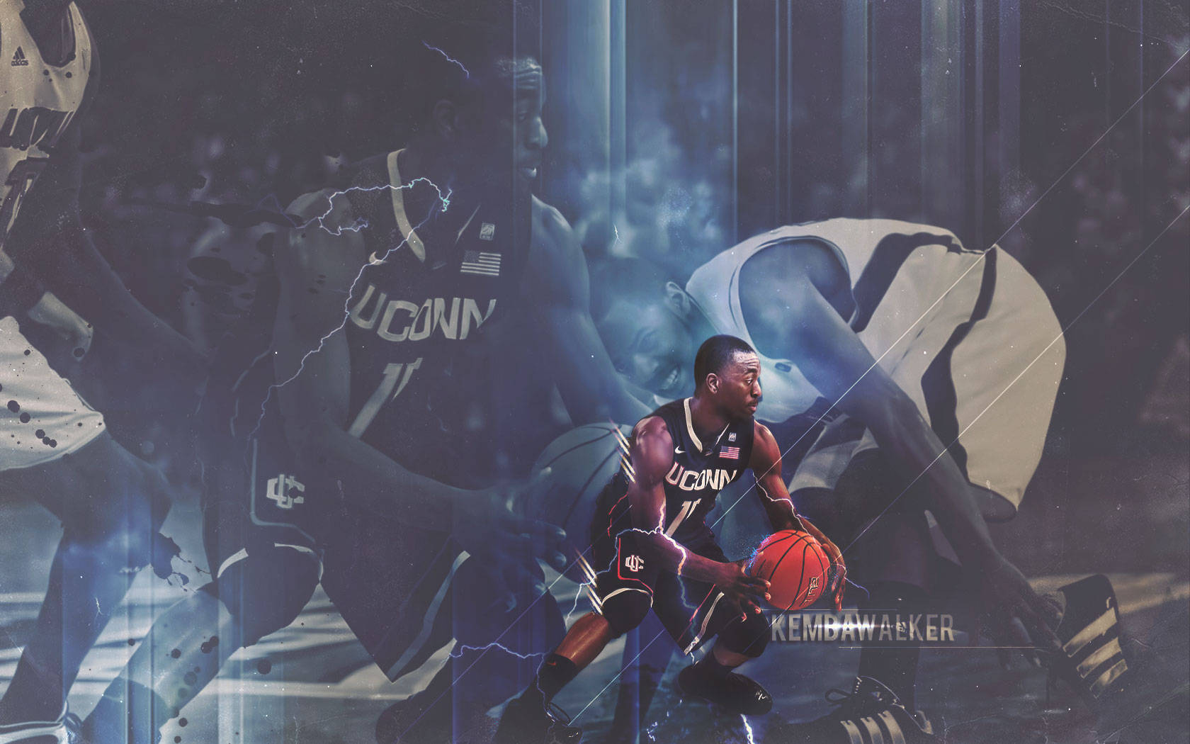 Kemba Walker 桌布 壁紙 — 籃球運動員Kemba Walker在動作中的動態數位藝術描繪，在戲劇性的藍色照明場館中被自己的幽靈般疊加包圍。