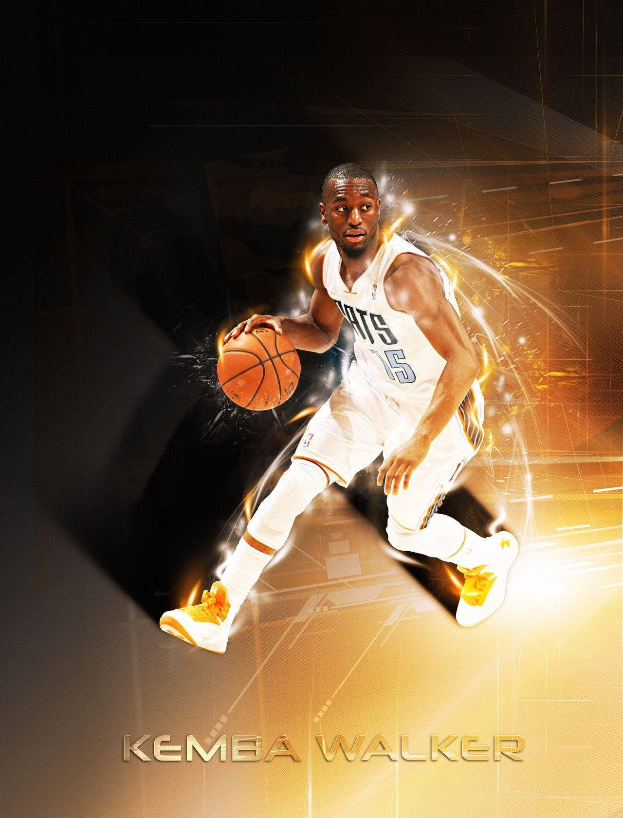 Kemba Walker 桌布 壁紙 — 籃球運動員Kemba Walker身穿白色球衣，在深色背景下運球，帶有火熱的金色動態效果。