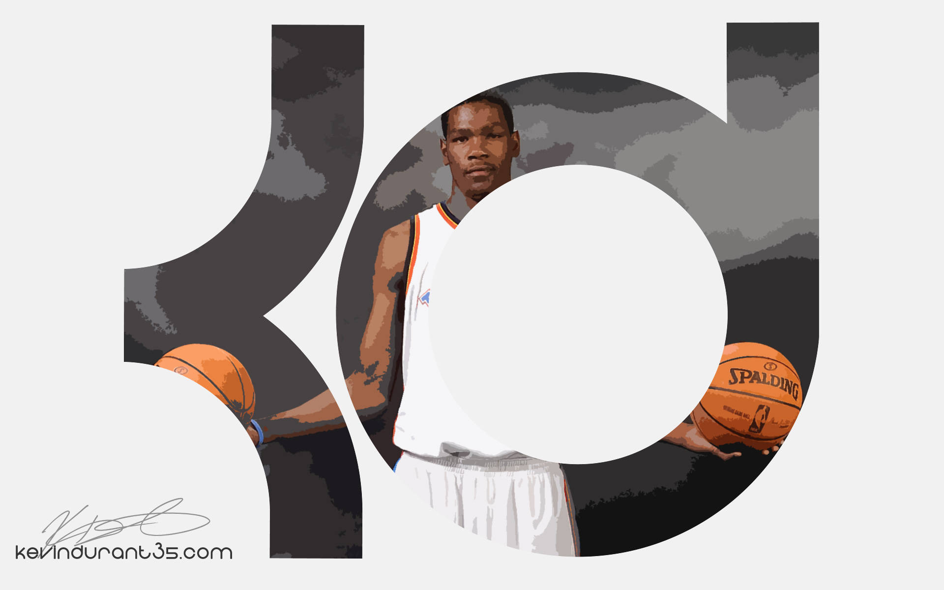 凱文·杜蘭特 桌布 壁紙 — 籃球運動員Kevin Durant站在一個風格化的數字30內，手持兩個Spalding籃球，背景為多雲的灰色。