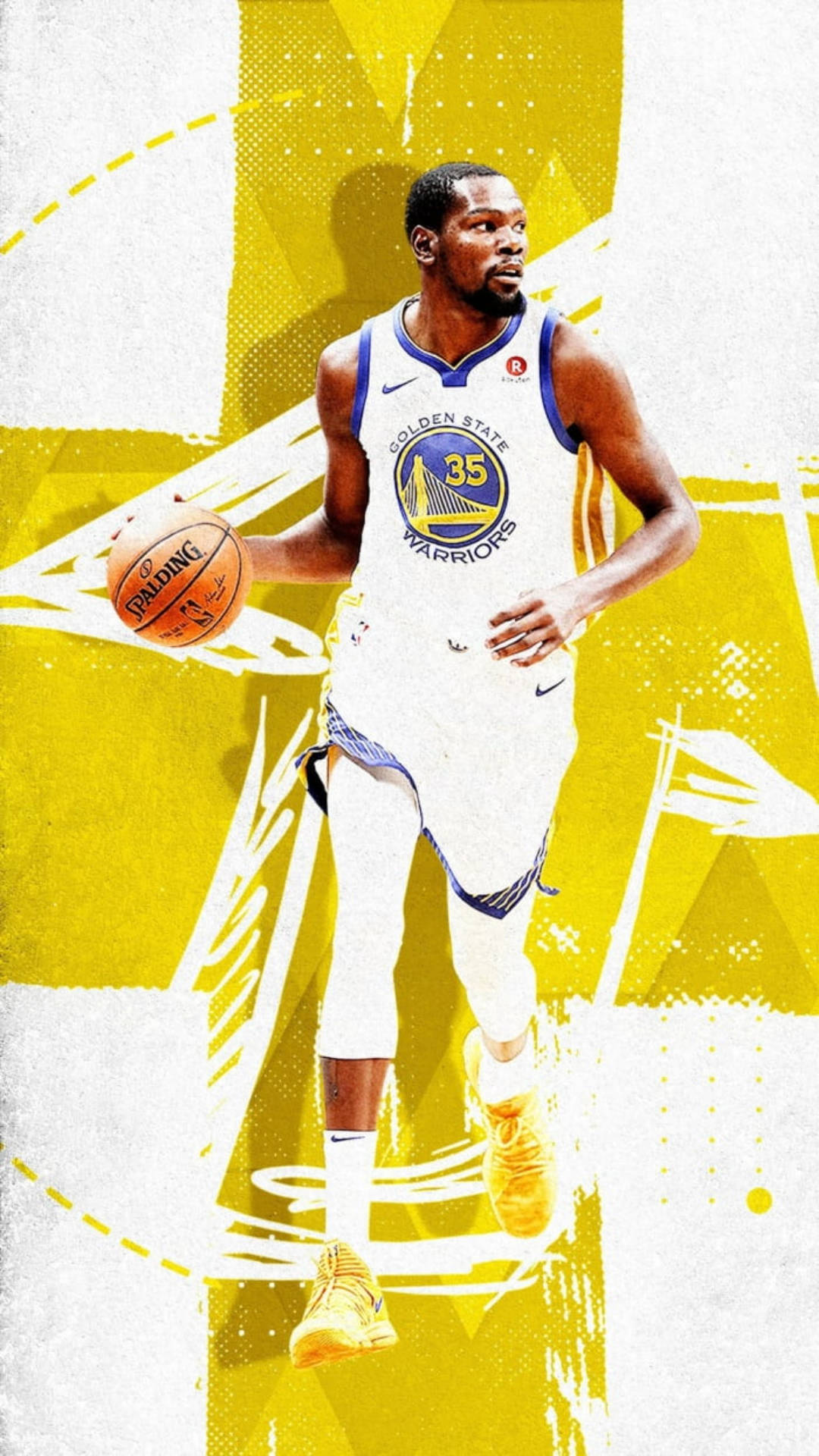 運動 桌布 壁紙 — 籃球運動員Kevin Durant身穿金州勇士隊球衣，在搶眼的黃白圖形背景前運球Spalding籃球。