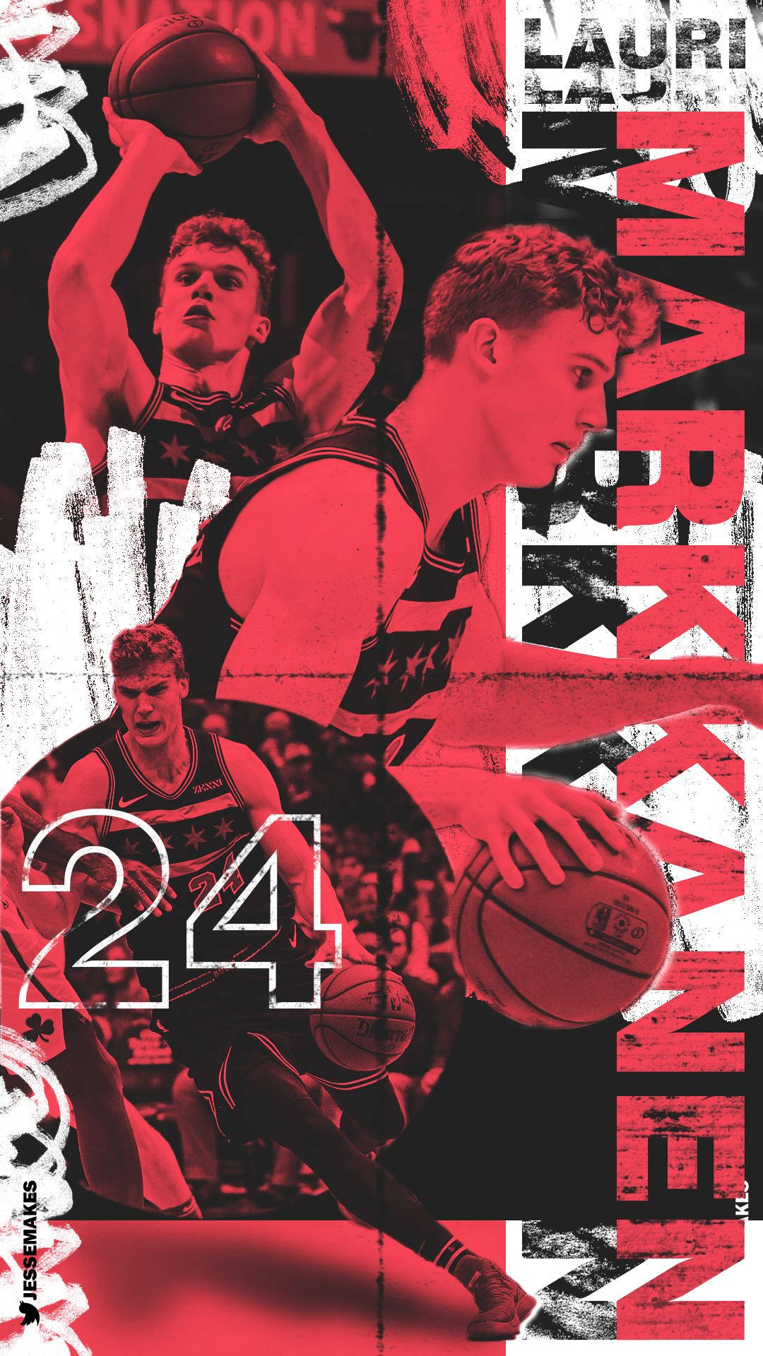 NBA 桌布 壁紙 — 籃球運動員Lauri Markkanen的動態紅黑拼貼畫，展示動作姿勢、24號和粗體字體。