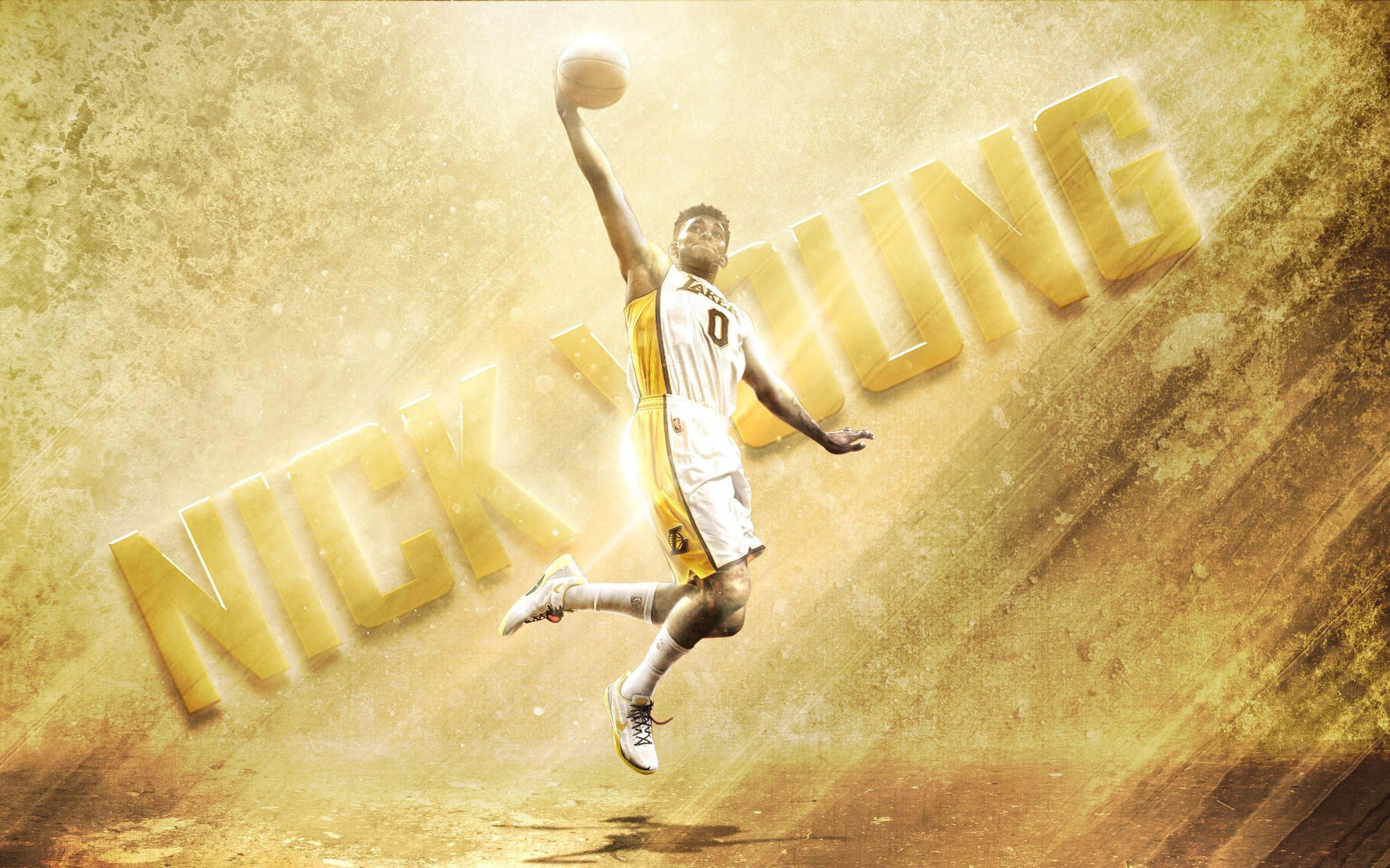 superstar 桌布 壁紙 — 籃球運動員Nick Young在帶有紋理的金色背景上動態地躍起，手持籃球，他的名字以粗體3D字母呈現。