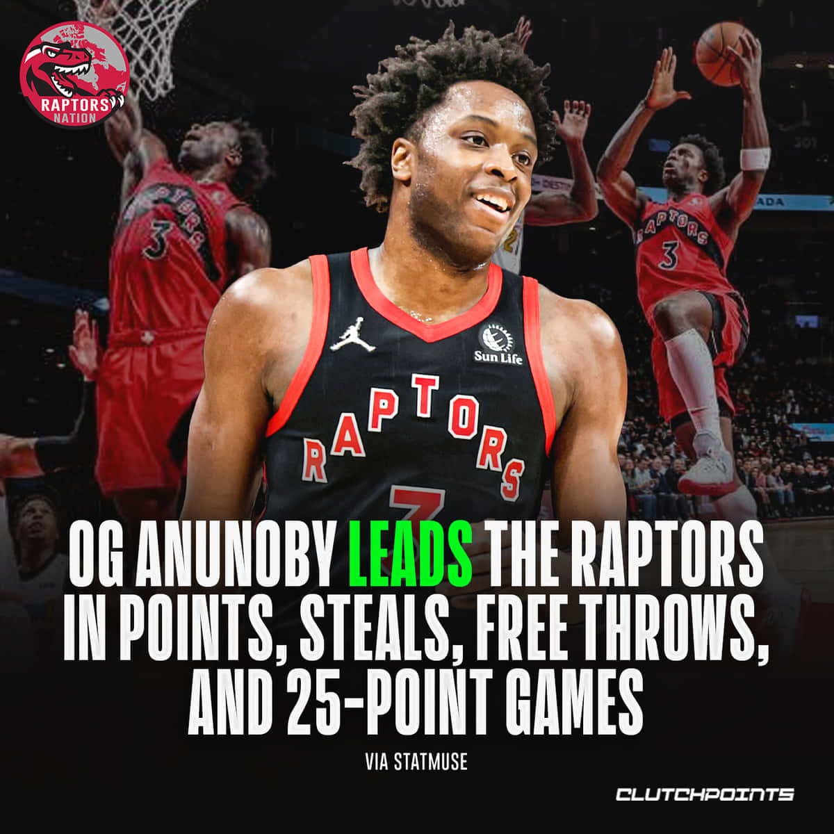 OG Anunoby身穿暴龍隊球衣微笑，身後出現籃球動作鏡頭。 — NBA 壁紙