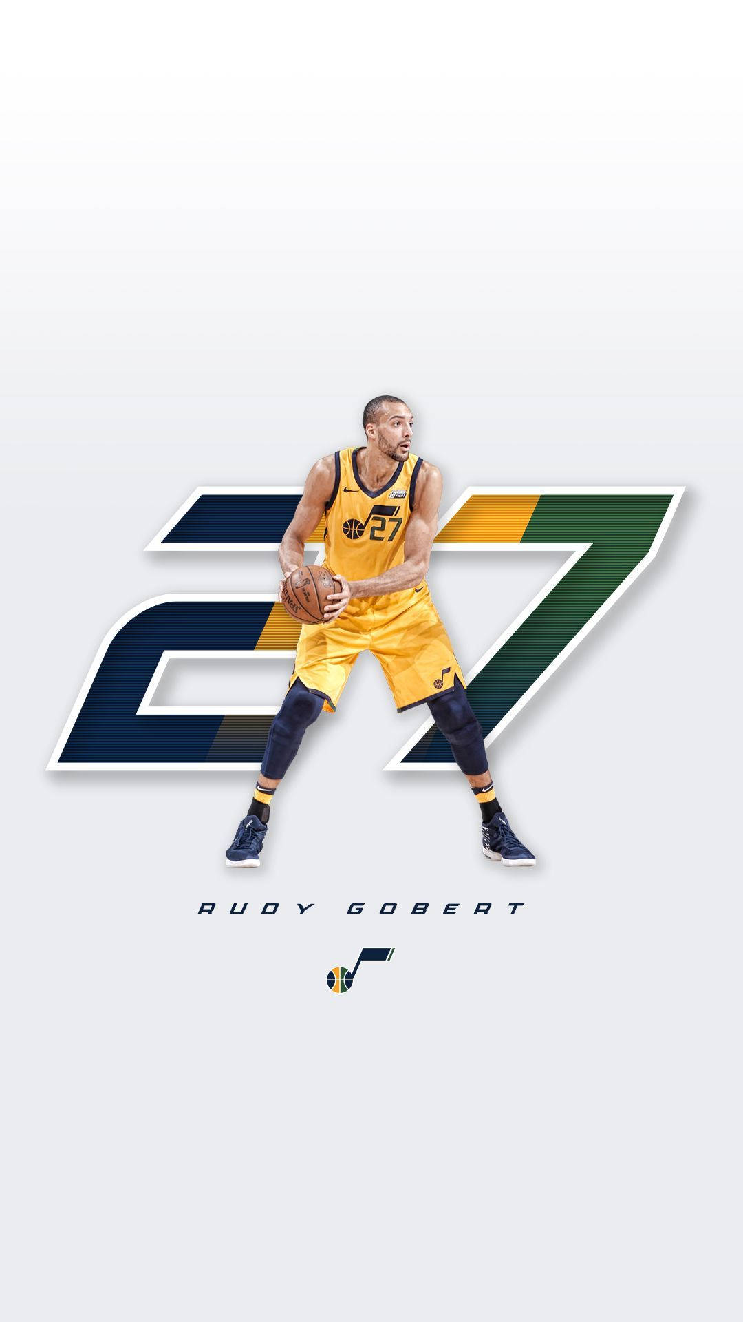 Rudy 桌布 壁紙 — 籃球運動員Rudy Gobert身穿黃色猶他爵士隊球衣，手持籃球，身後有大型風格化數字27，背景為淺灰色。