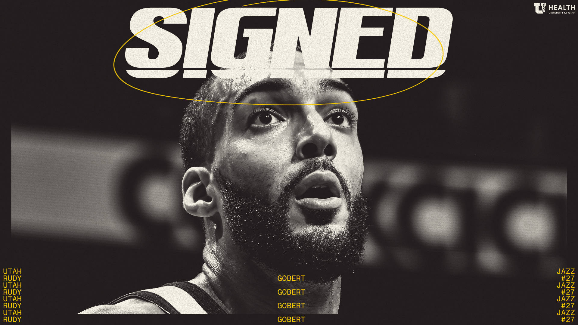 Rudy 桌布 壁紙 — 籃球運動員Rudy Gobert的黑白特寫，頭頂有「SIGNED」文字。