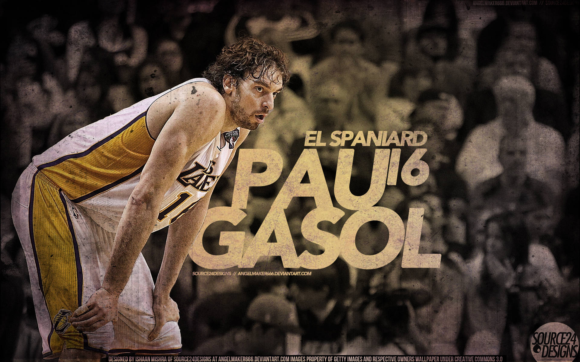 Pau Gasol 桌布 壁紙 — 籃球運動員保羅·加索爾身穿黃白球衣，在模糊的人群背景下向前傾身，專注力極強的特寫鏡頭。