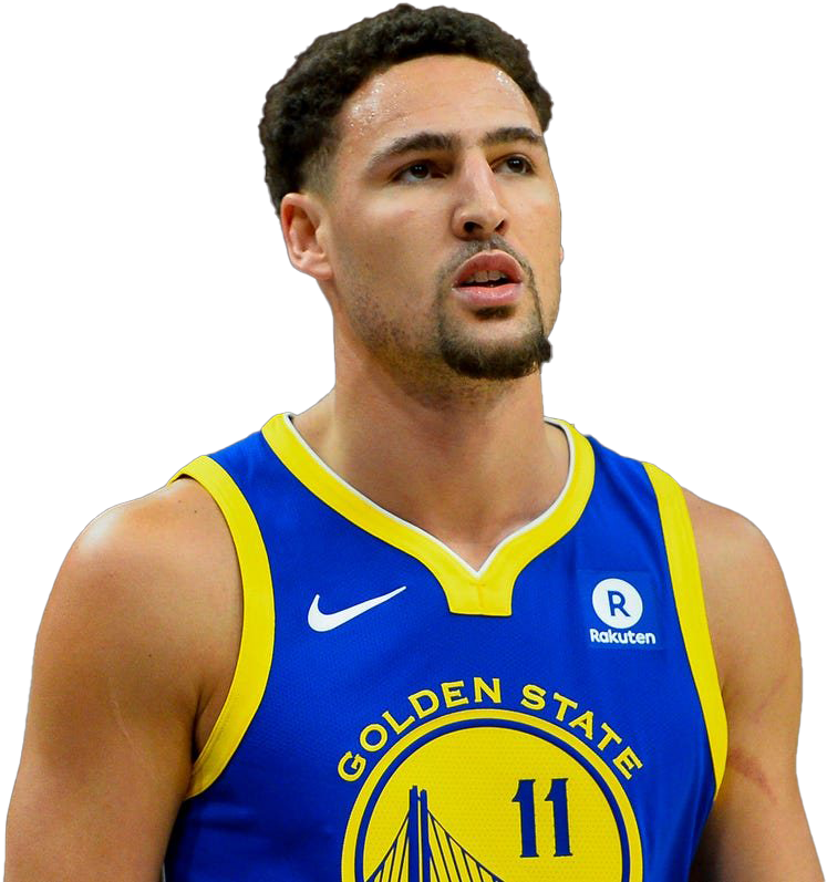 Warriors Basketball 桌布 壁紙 — 籃球運動員克萊·湯普森身穿金州勇士隊球衣，黑色背景的特寫。