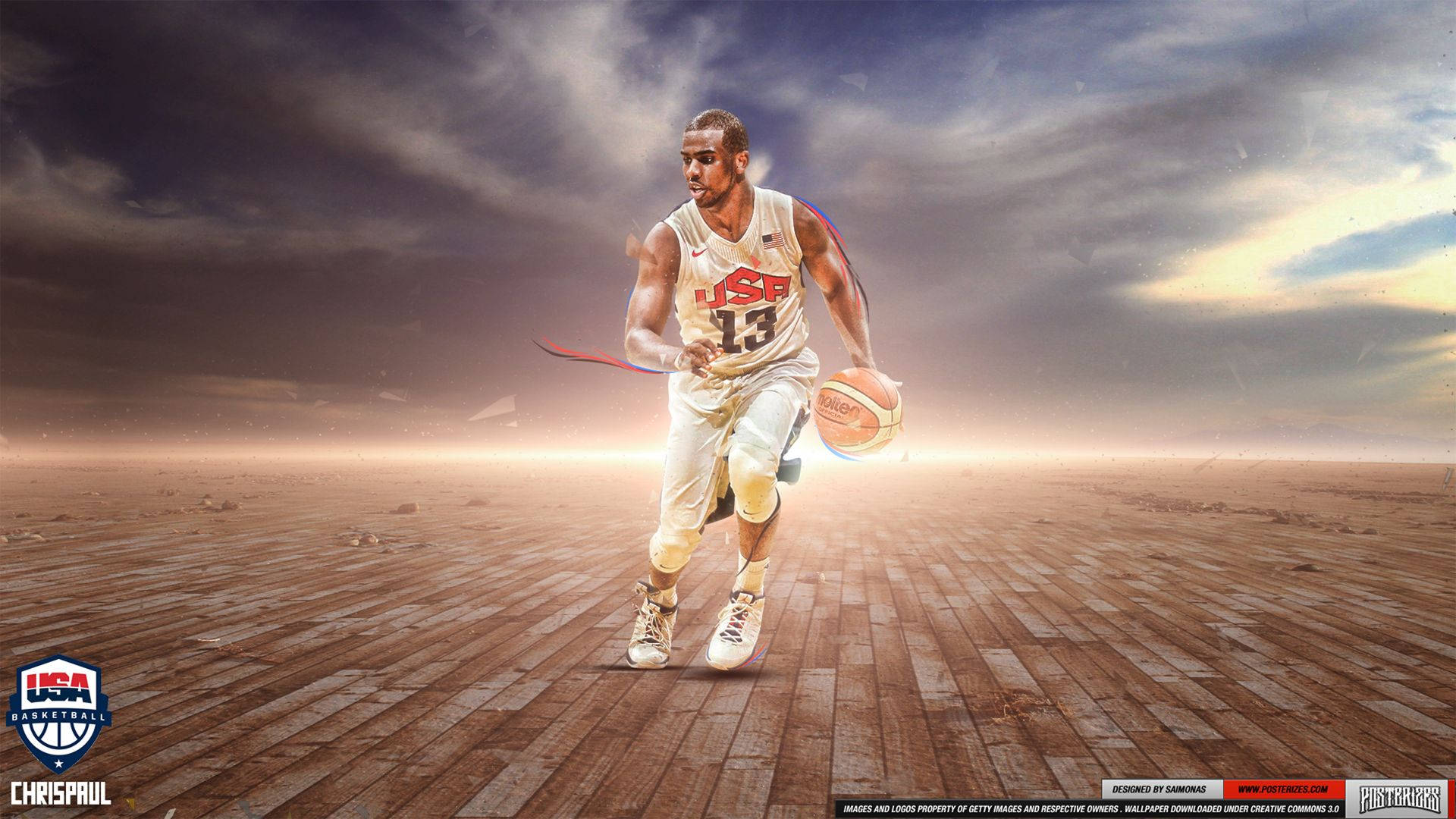 Chris Paul 桌布 壁紙 — 籃球運動員克里斯保羅在日落時戲劇性的多雲天空下，在木地板上運球。