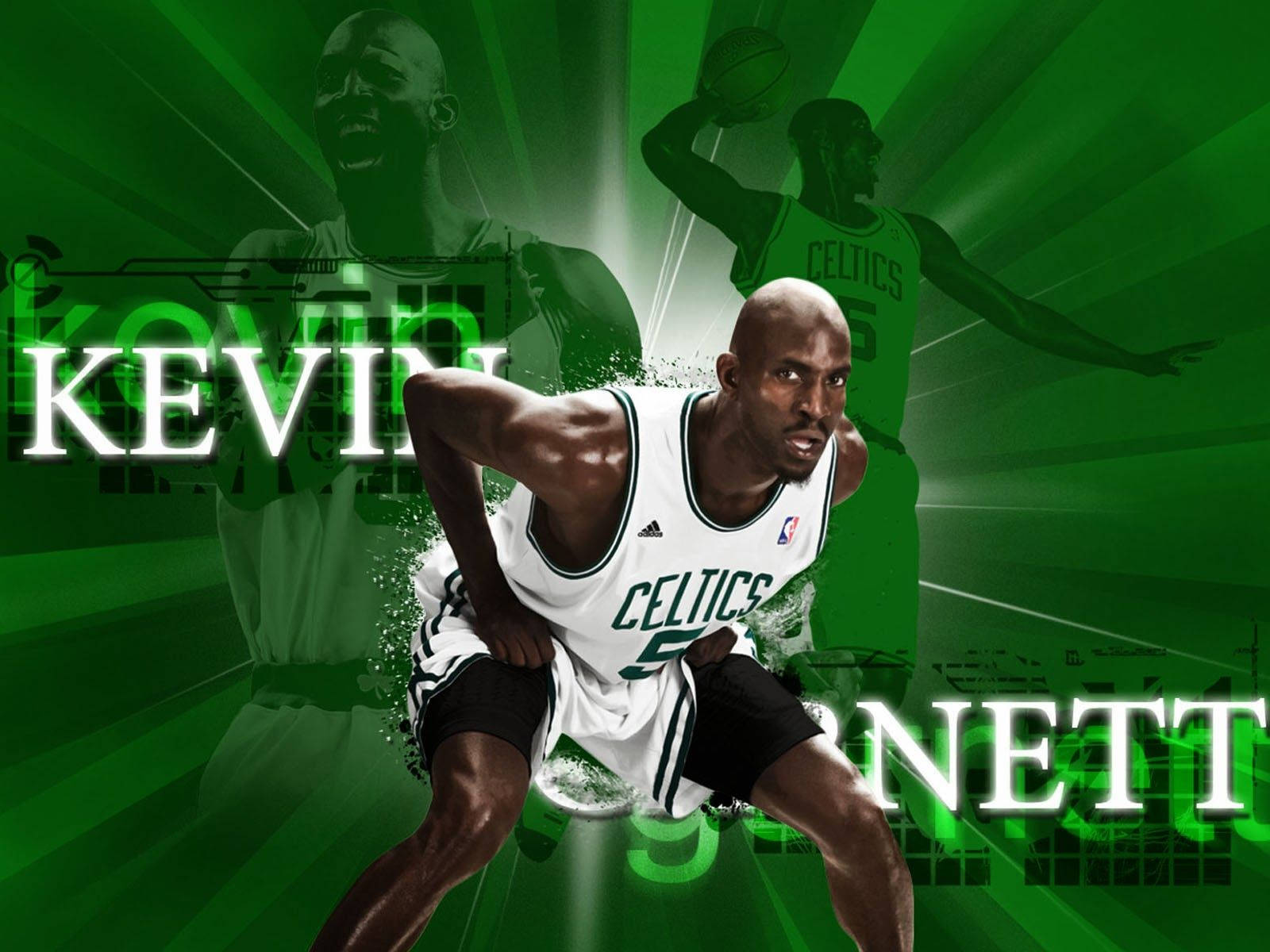 Kevin Garnett 桌布 壁紙 — 籃球運動員凱文·加內特身穿塞爾提克隊服，在充滿活力的綠色放射狀背景前擺出動態姿勢，他的名字以粗體白色文字呈現。