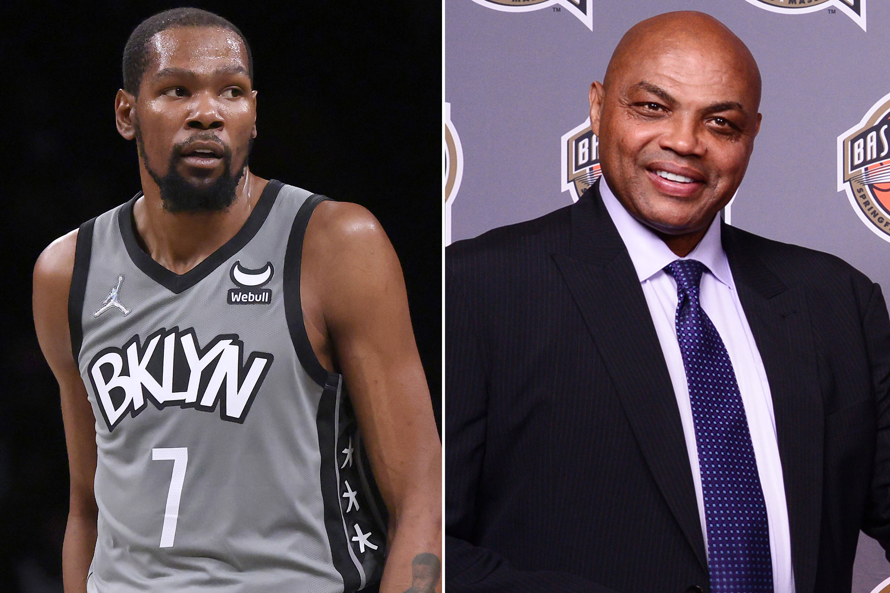 NBA 桌布 壁紙 — 籃球運動員凱文·杜蘭特身穿灰色布魯克林球衣，旁邊是微笑的西裝革履的查爾斯·巴克利在活動中的分割圖像。