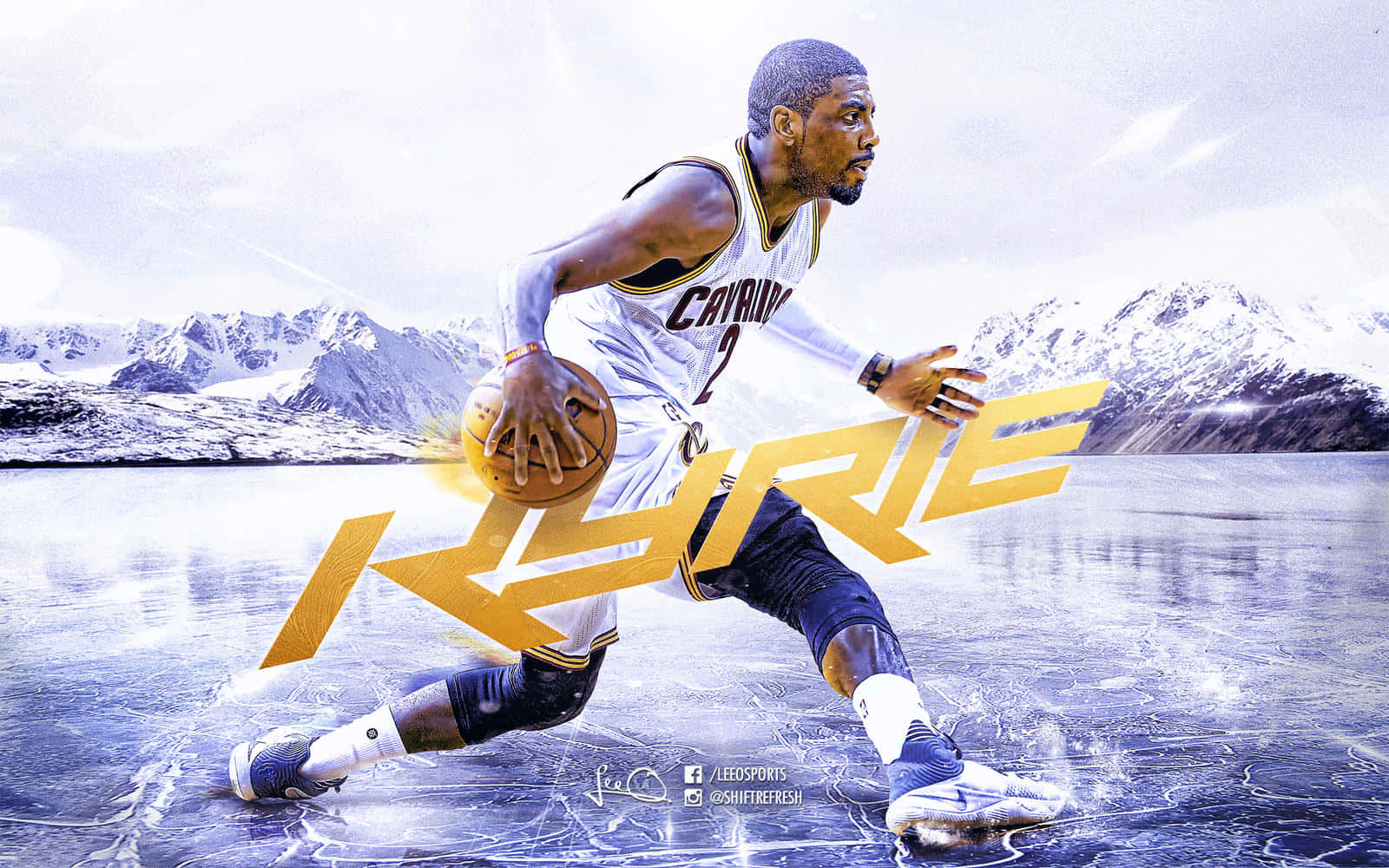 Kyrie Irving Cool 桌布 壁紙 — 籃球運動員凱里·厄文在冰雪地形上運球，背景是雪山。