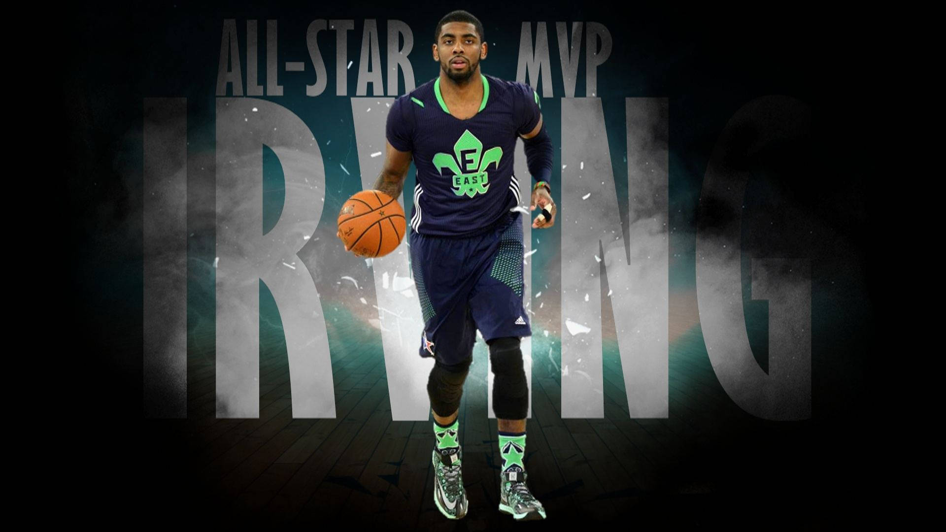 Kyrie 桌布 壁紙 — 籃球運動員凱里·厄文穿著全明星MVP裝備，在煙霧背景和發光文字中運球。