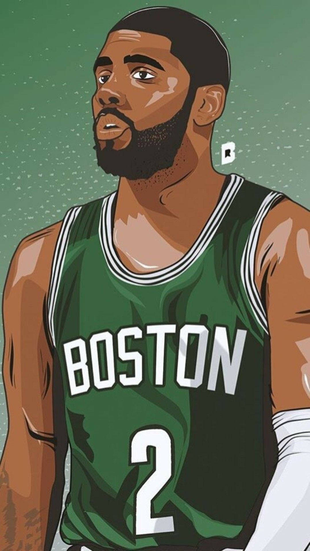 Kyrie 桌布 壁紙 — 籃球運動員凱里·厄文身穿綠色波士頓球衣，號碼2，在斑點綠色背景上的風格化插圖。