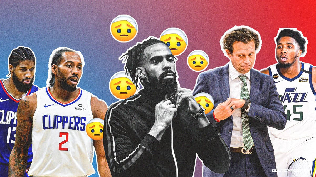 mike conley 桌布 壁紙 — 籃球運動員和教練穿著球隊球衣和西裝，被困惑表情符號包圍，背景為漸變色。