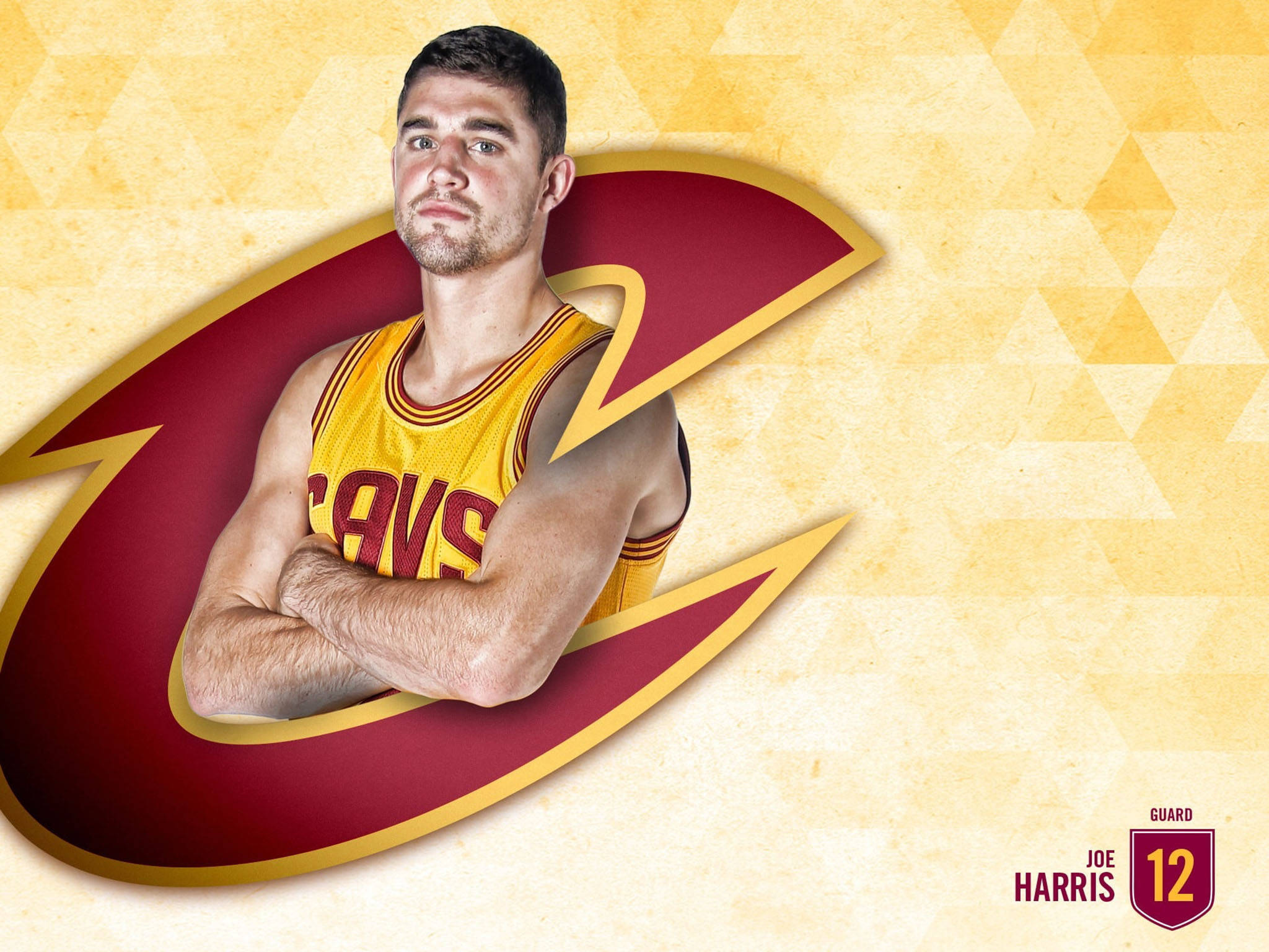 joe harris 桌布 壁紙 — 籃球運動員喬哈里斯身穿黃色騎士隊球衣，在大型球隊標誌內自信地交叉雙臂站立。