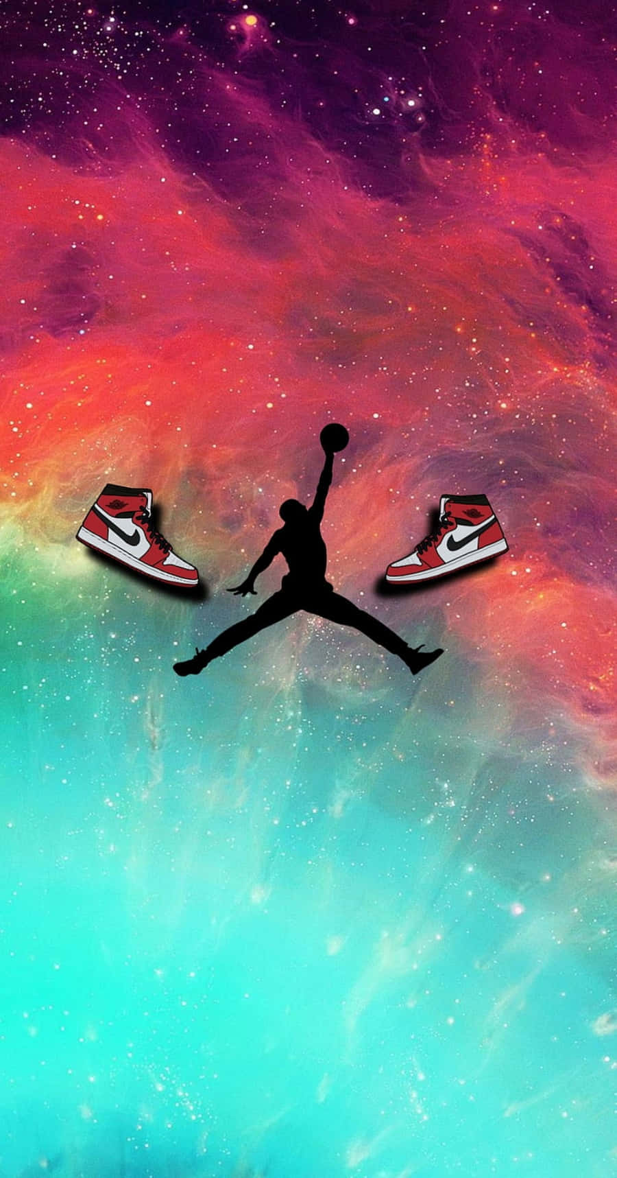 Air Jordan 桌布 壁紙 — 籃球運動員在半空中灌籃的剪影，兩側是紅白兩色的運動鞋，背景是宇宙星雲。