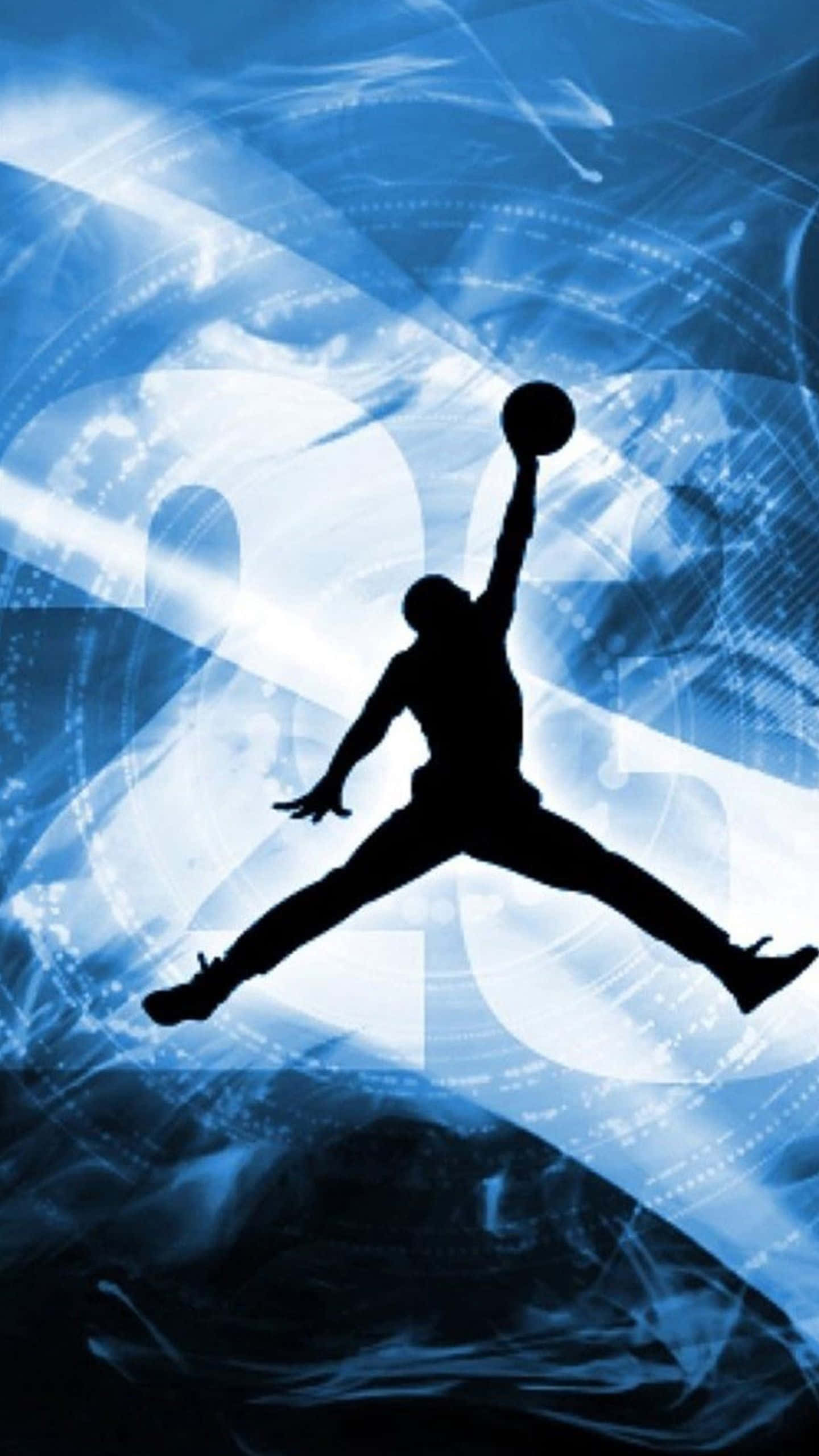 Jordan Logo Phone 桌布 壁紙 — 籃球運動員在半空中灌籃的剪影，背景是發光的藍色數位抽象背景。