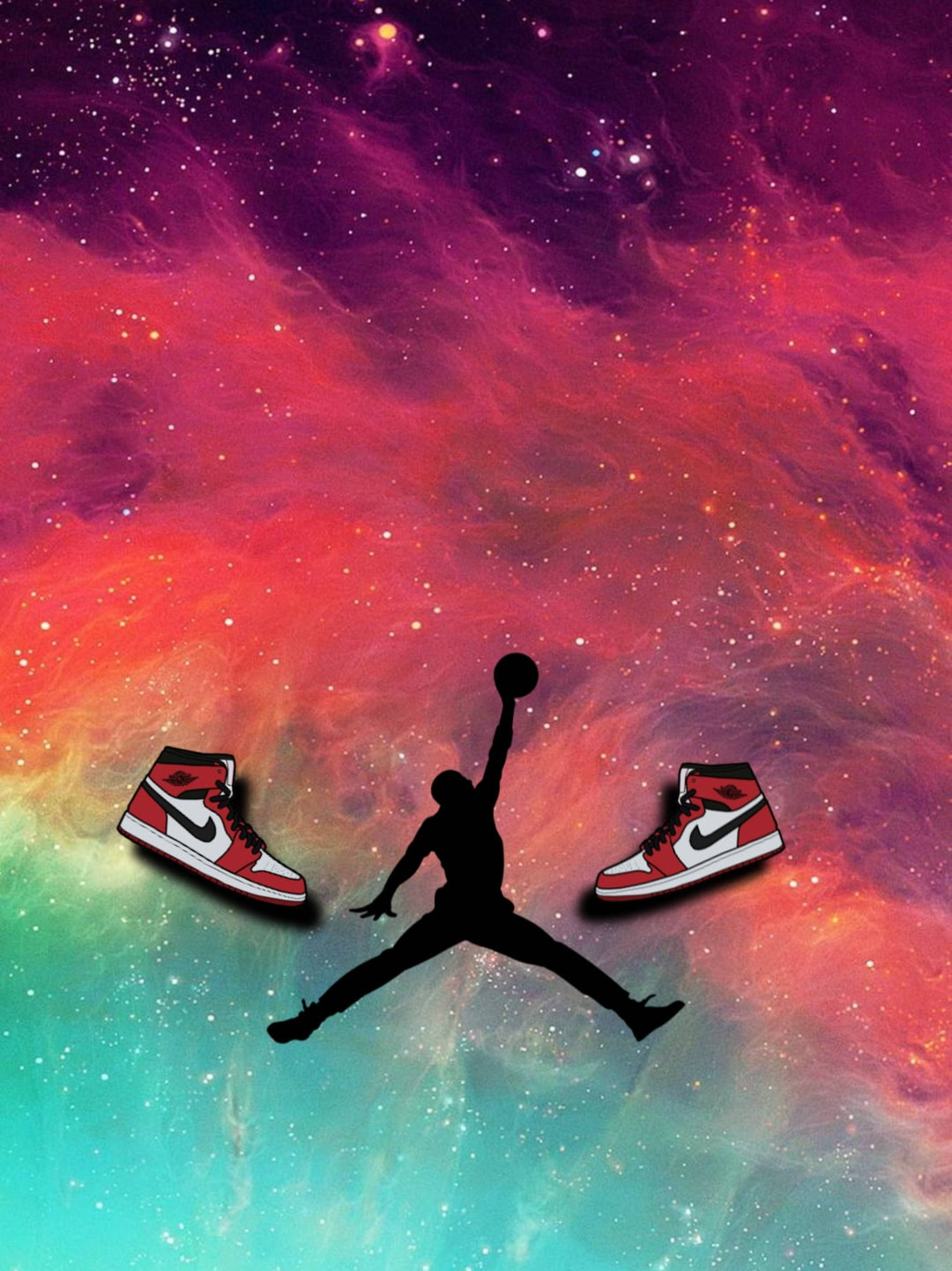 Air Jordan 桌布 壁紙 — 籃球運動員在半空中的剪影，背景是充滿活力的宇宙星雲，附近漂浮著兩雙紅白相間的運動鞋。