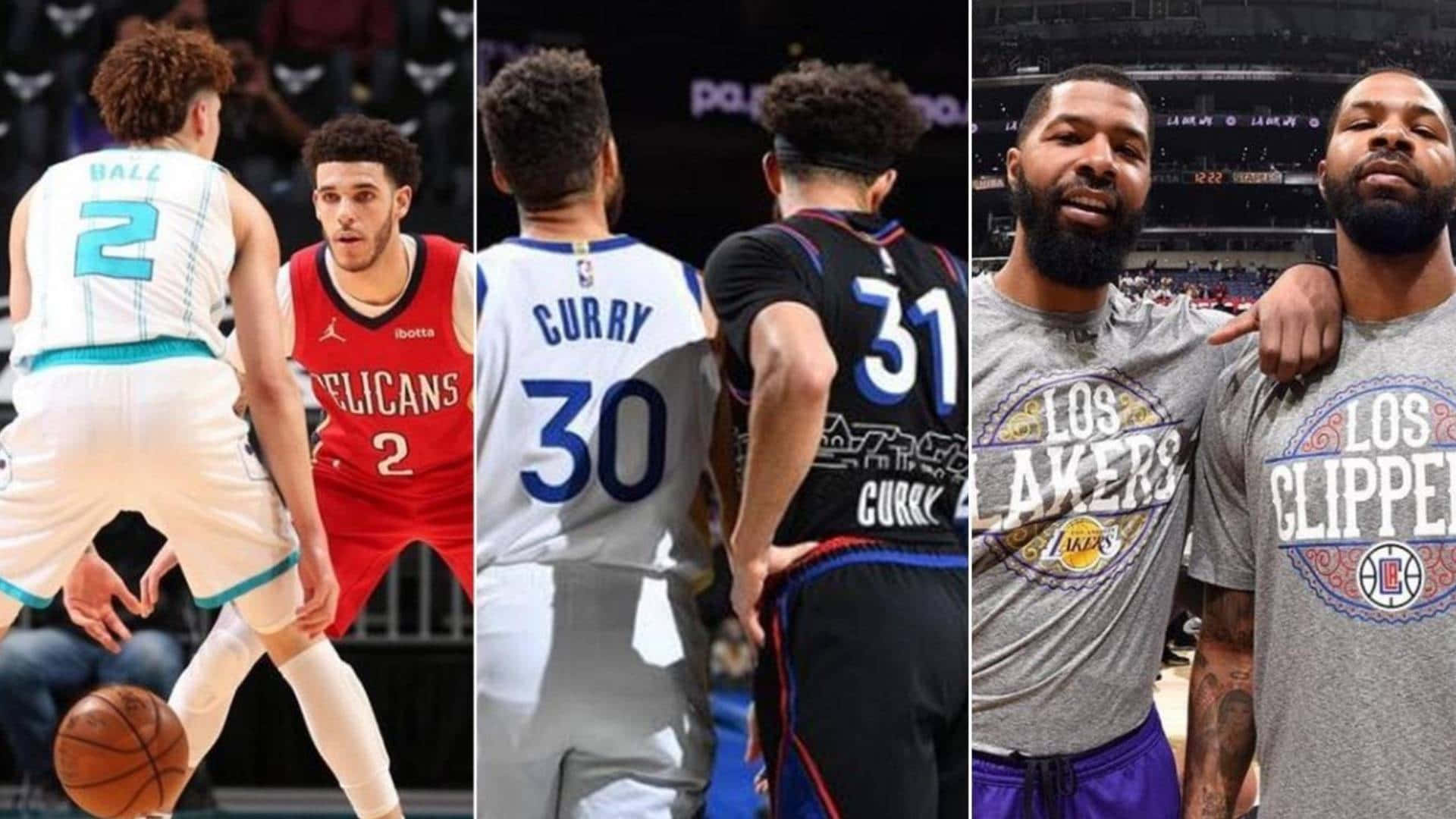 NBA 桌布 壁紙 — 籃球運動員在球場上展現動作和友誼，穿著球隊球衣，場邊有觀眾。
