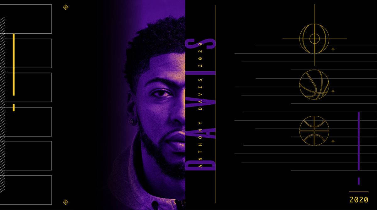 Anthony Davis 桌布 壁紙 — 籃球運動員安東尼·戴維斯在紫色燈光下的風格化肖像，黑色背景上有幾何金色籃球圖標。