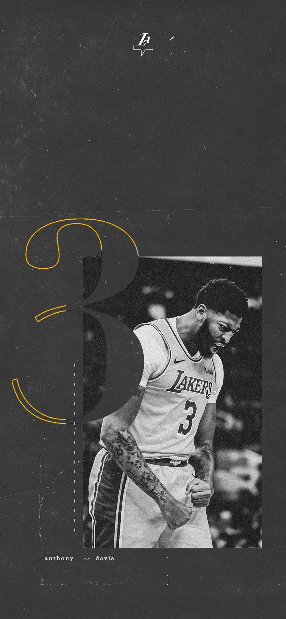 Anthony Davis 桌布 壁紙 — 籃球運動員安東尼·戴維斯身穿湖人隊3號球衣的黑白肖像，旁邊有一個大型風格化的數字3圖形。