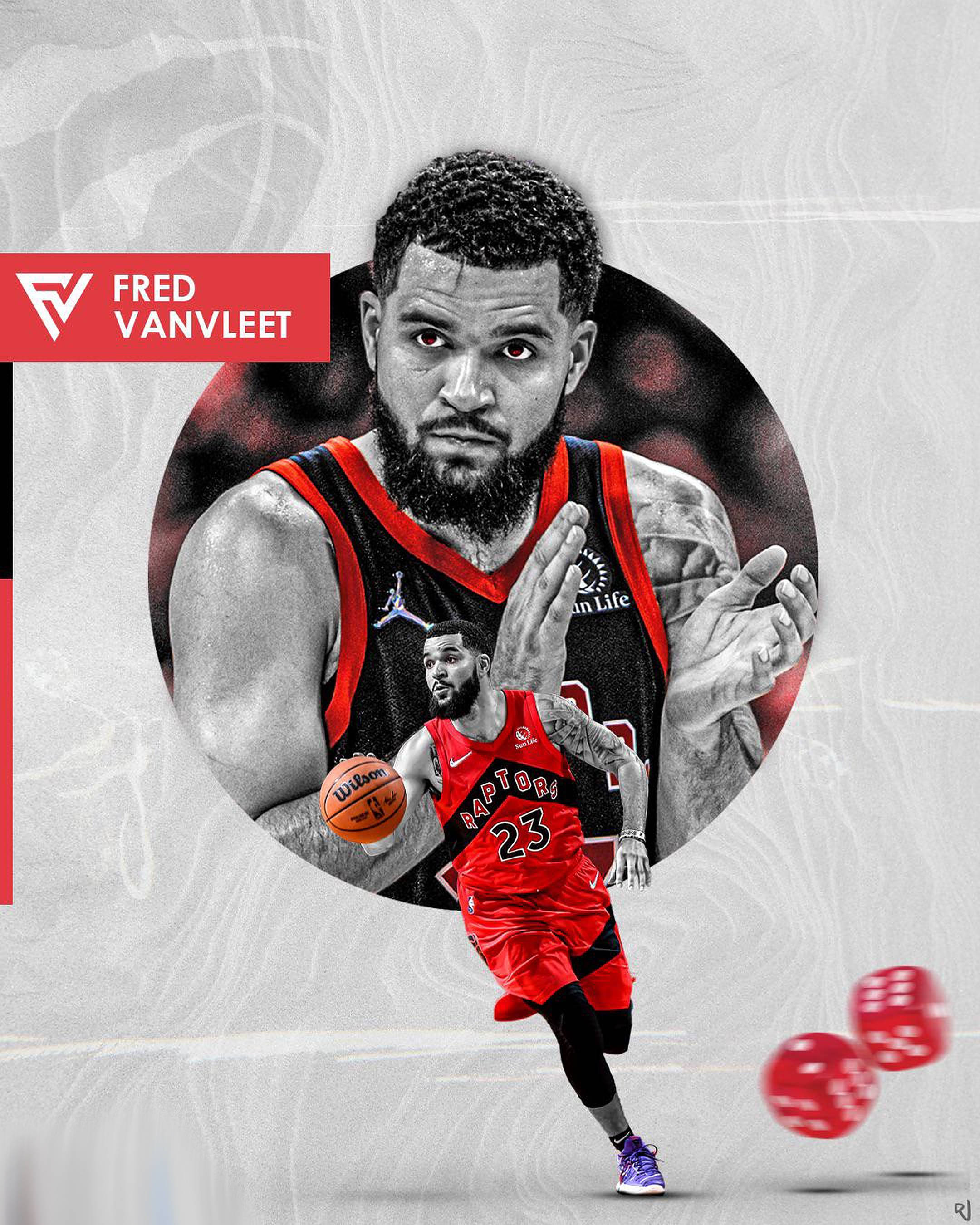 Fred Vanvleet 桌布 壁紙 — 籃球運動員弗雷德·範弗利特在比賽中的動態數位藝術肖像，身穿紅色暴龍球衣，配以風格化的圖形背景。