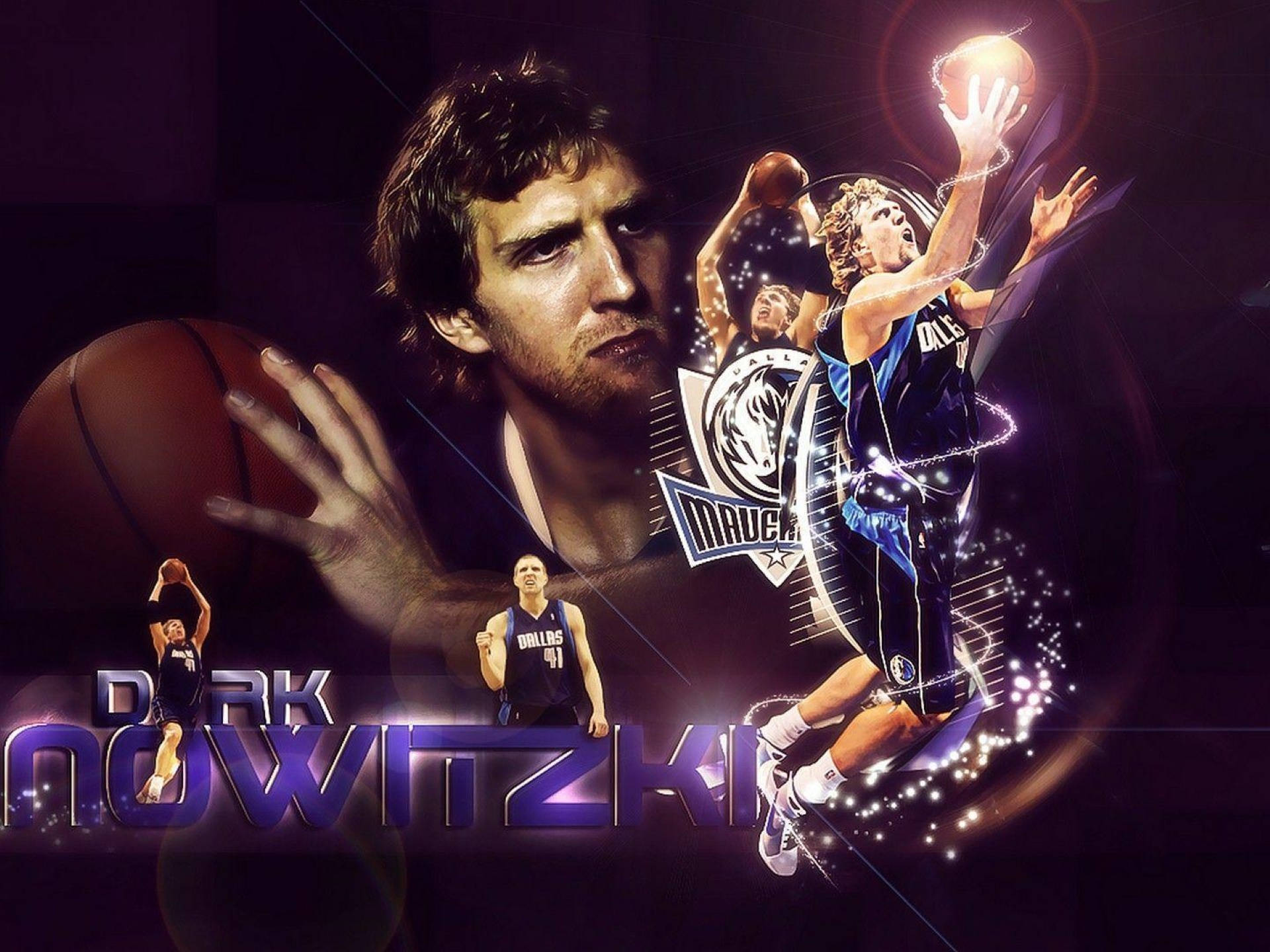 Dirk Nowitzki 桌布 壁紙 — 籃球運動員德克·諾維茨基在動作姿勢中帶有發光效果和球隊標誌的動態數位拼貼畫，背景為深色。