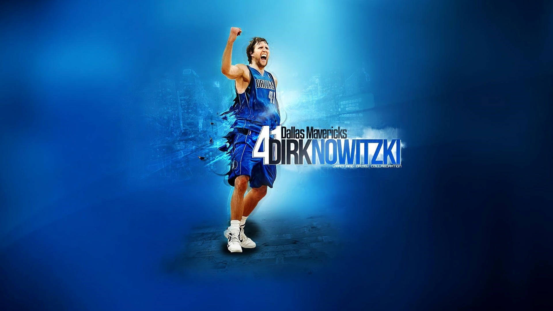 Dirk Nowitzki 桌布 壁紙 — 籃球運動員德克·諾維茨基身穿藍色達拉斯獨行俠球衣，在發光的藍色抽象背景前高舉拳頭慶祝勝利。