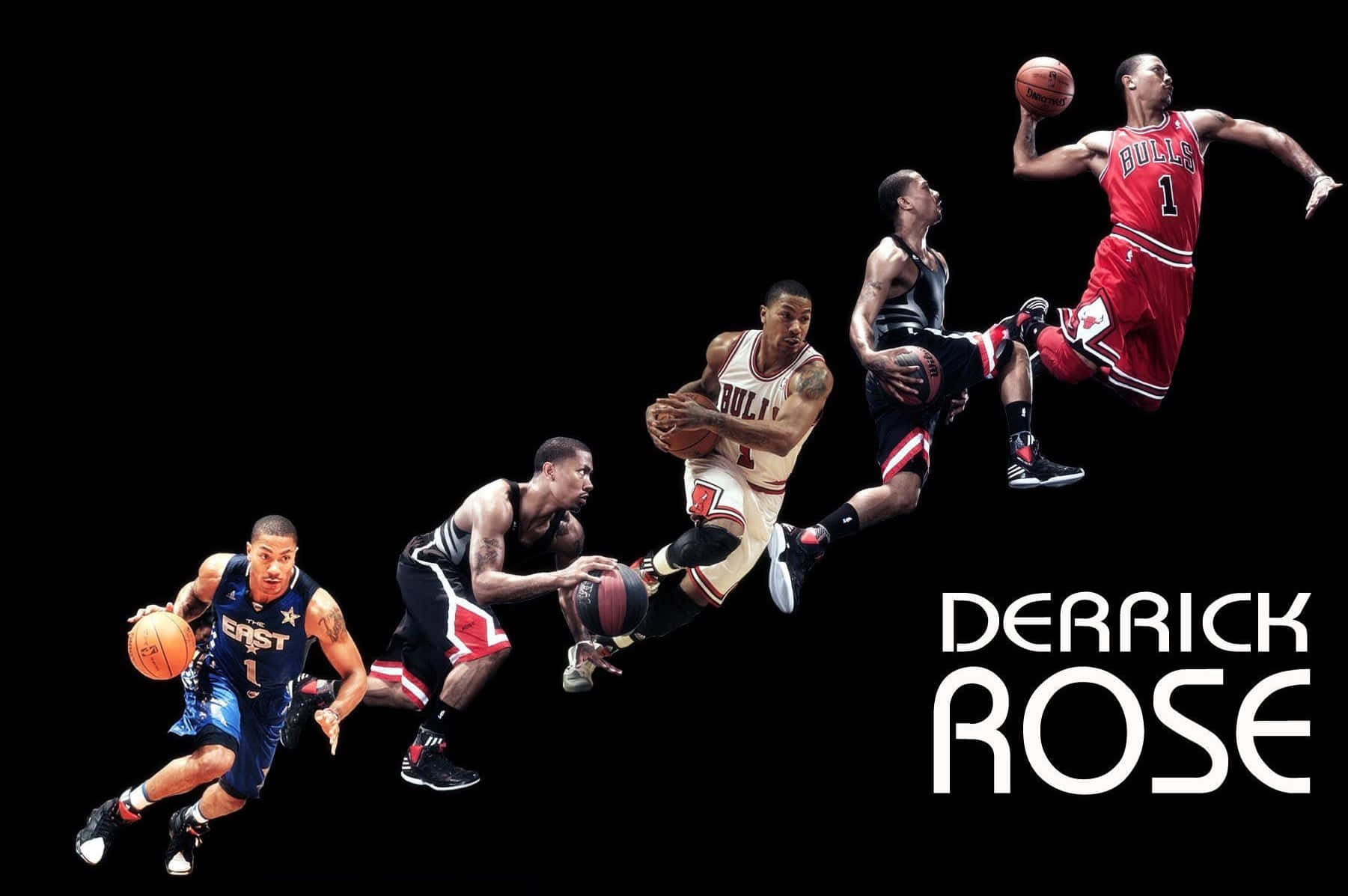derrick rose 桌布 壁紙 — 籃球運動員德里克·羅斯在黑暗背景中空中運球和投籃的動態動作序列。