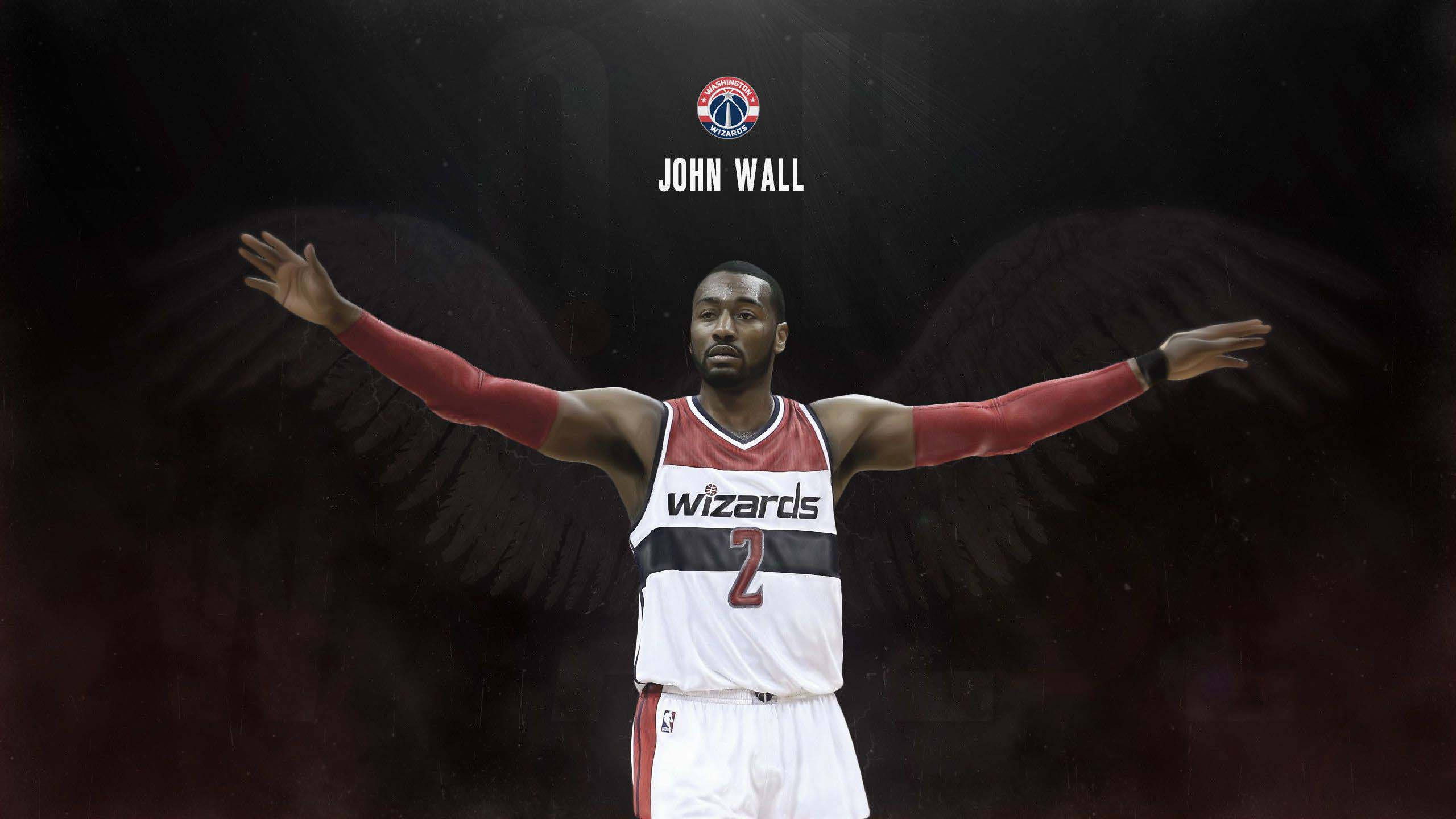 John Wall 桌布 壁紙 — 籃球運動員約翰·沃爾張開雙臂，站在深色背景前，背後有巨大的黑色翅膀。