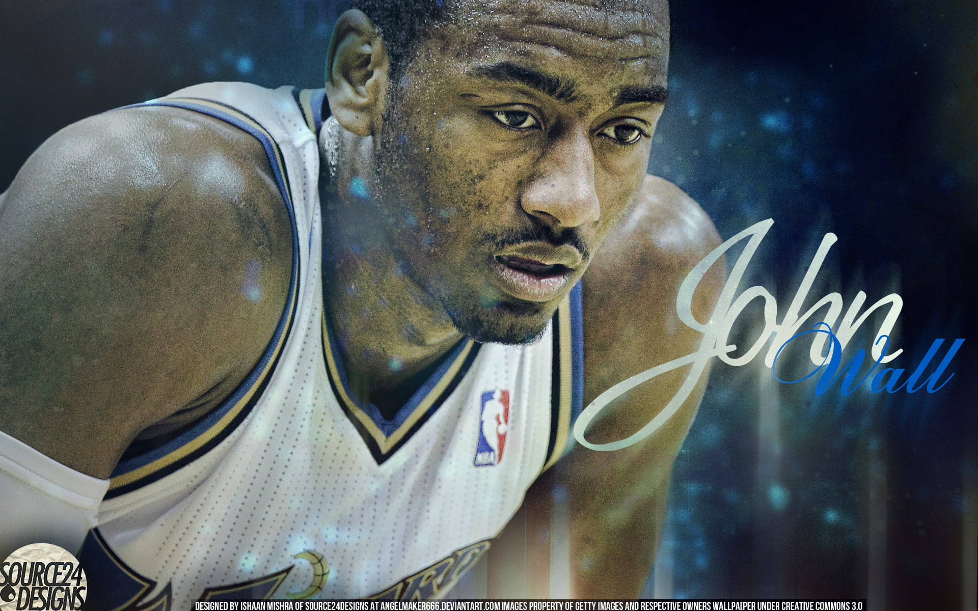 Wizards 桌布 壁紙 — 籃球運動員約翰·沃爾身穿白色球衣，在帶有發光粒子的宇宙藍色背景上的強烈特寫。