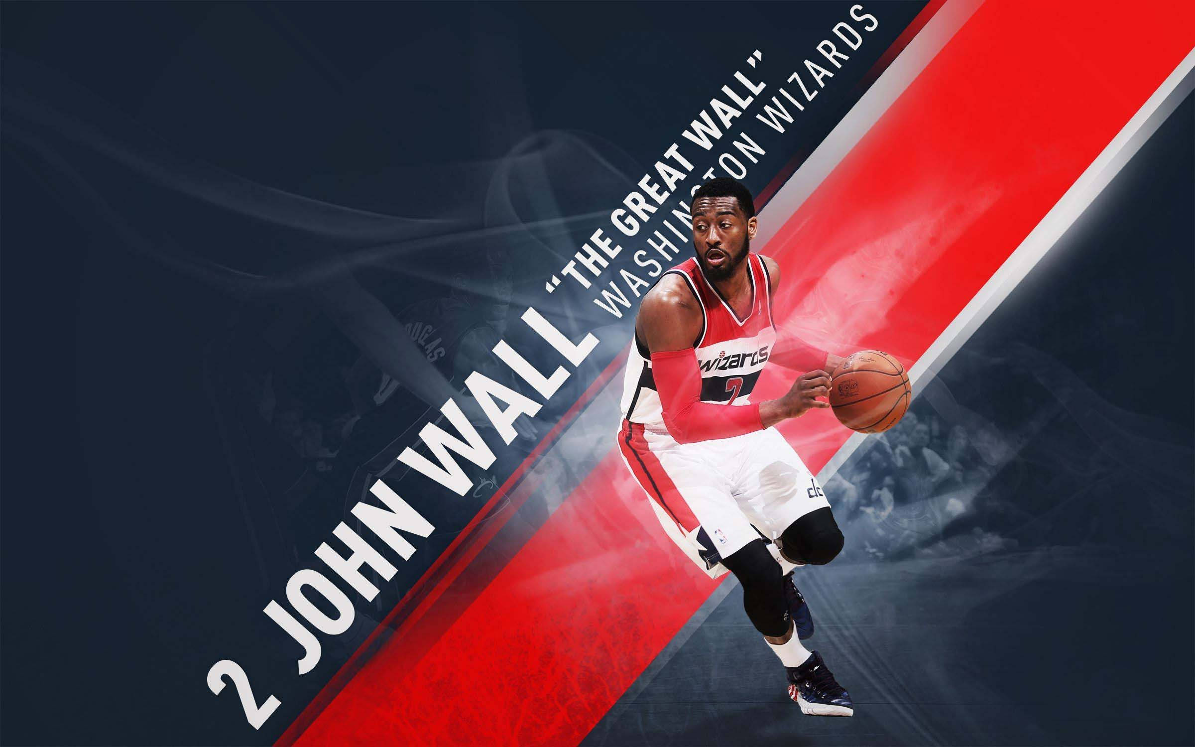 John Wall 桌布 壁紙 — 籃球運動員約翰·沃爾身穿華盛頓巫師隊球衣，在帶有煙霧效果的動態紅藍色背景下運球。