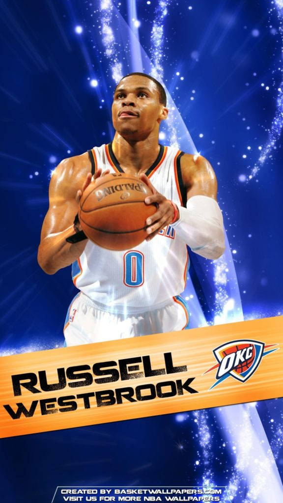 NBA iPhone 桌布 壁紙 — 籃球運動員羅素·威斯布魯克身穿白色球衣，在閃爍的藍色宇宙背景下持球。