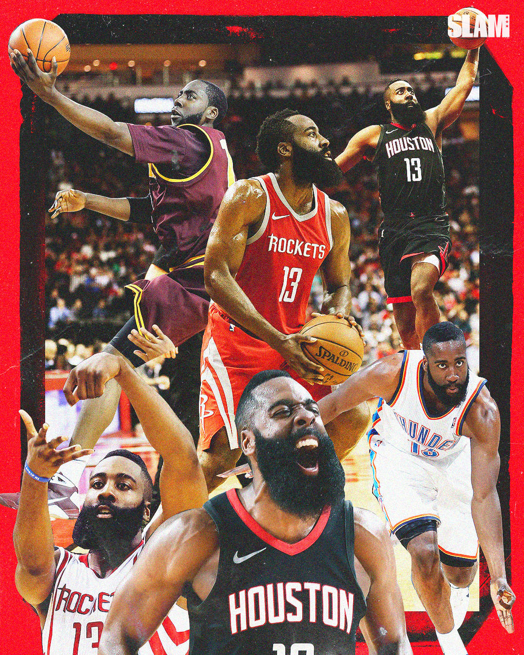 James Harden 桌布 壁紙 — 籃球運動員詹姆斯·哈登在不同比賽球衣和時刻中的多個動作姿勢的動態拼貼畫。