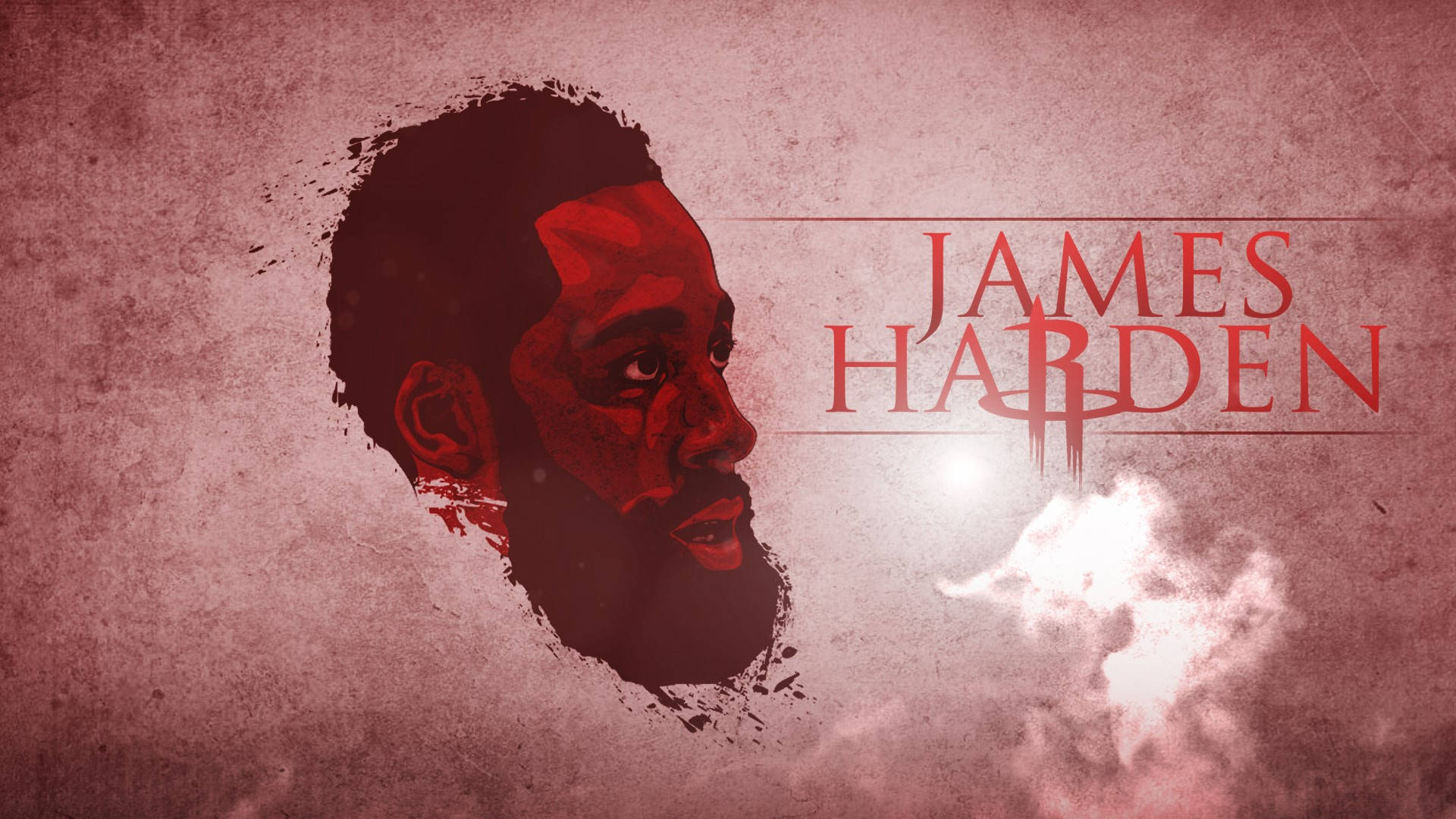 Houston Rockets 桌布 壁紙 — 籃球運動員詹姆斯·哈登的風格化紅色和栗色肖像，背景有紋理，他的名字以粗體紅色字體呈現。